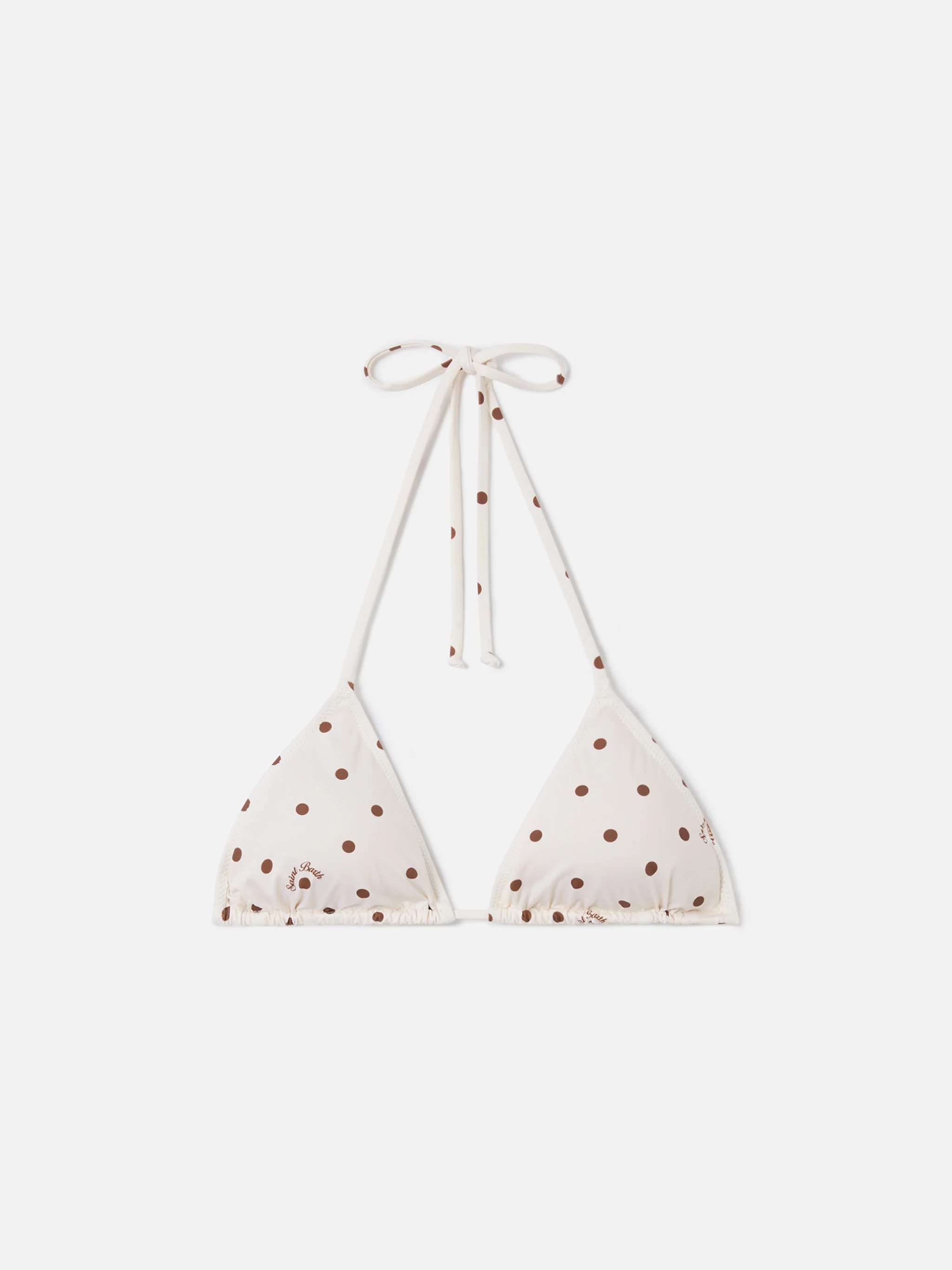 Leah triangle bikini top with beige and brown polka dot print
