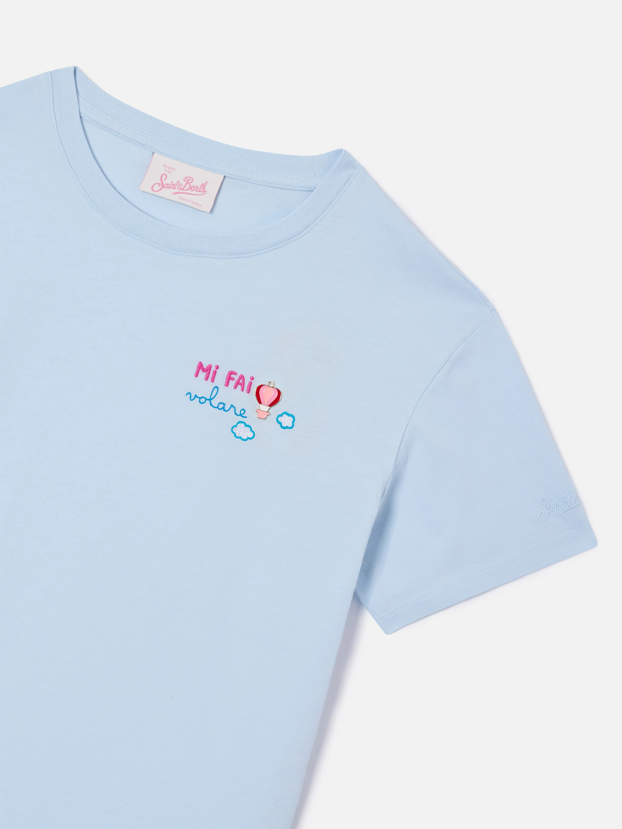 Light blue Emilie T-shirt with Mi fai volare embroidery and charm - Image 2