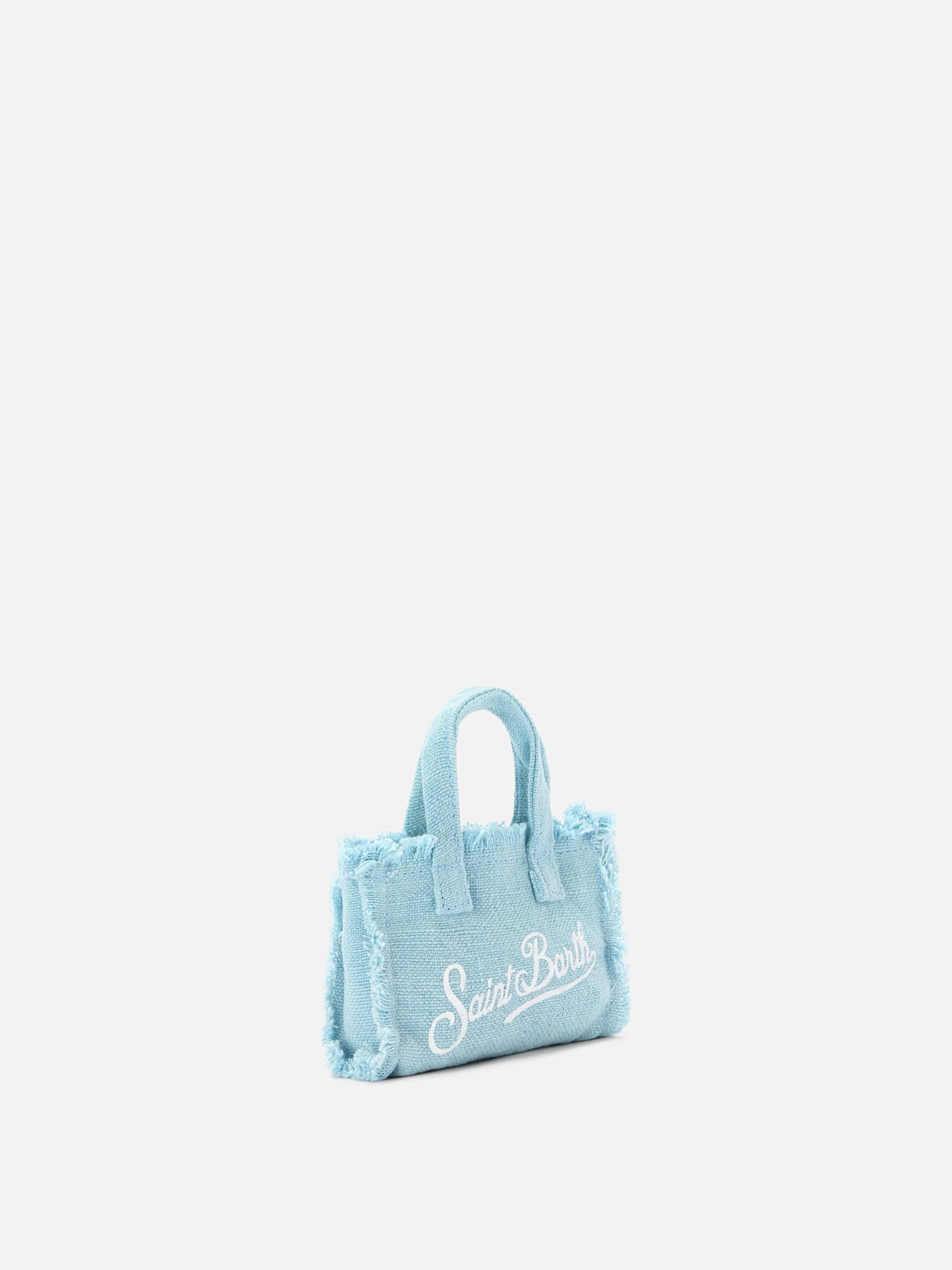 Light blue linen mini bag–shaped keychain with printed logo - Image 4