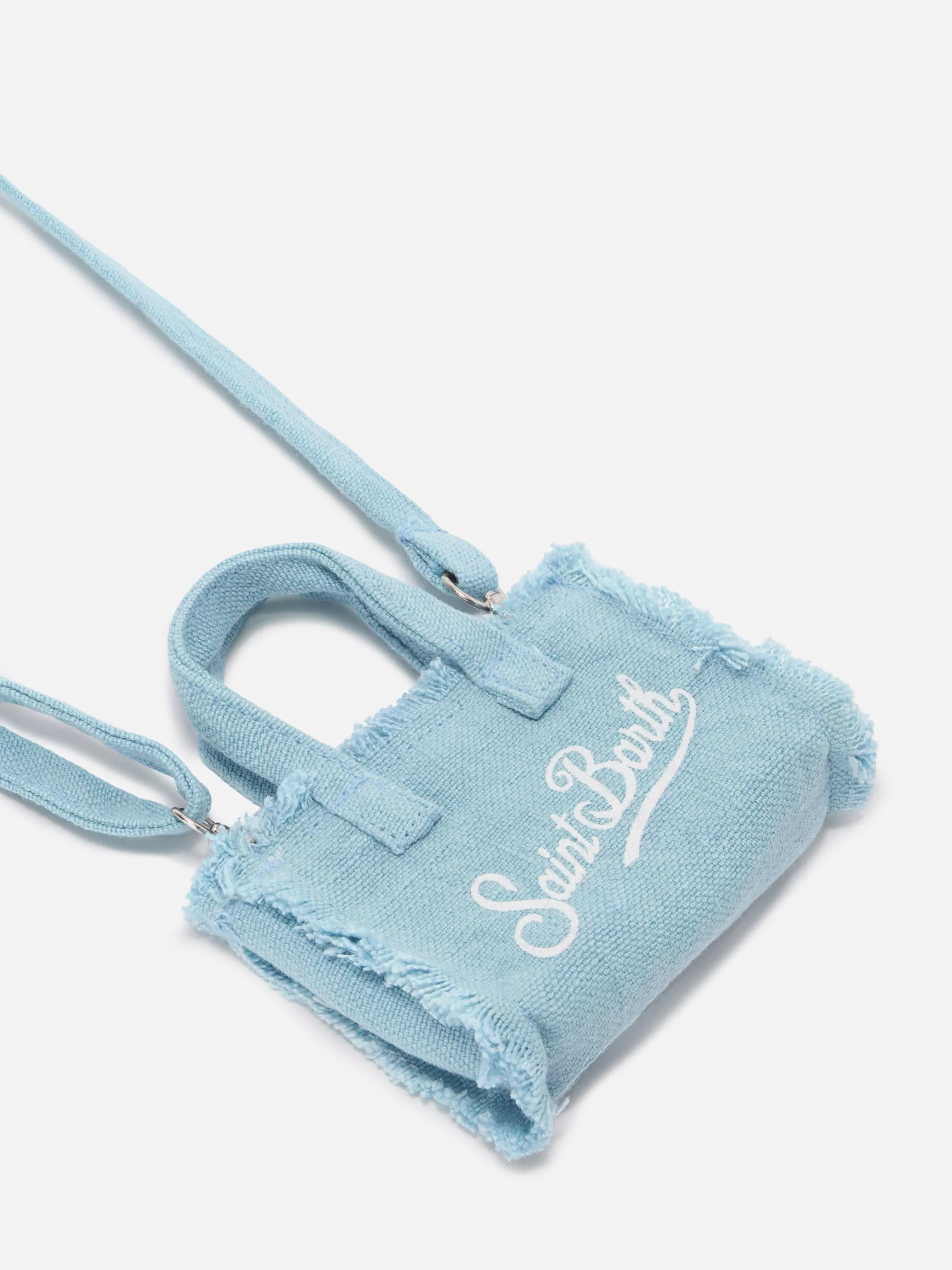 Light blue linen mini bag–shaped keychain with printed logo - Image 5