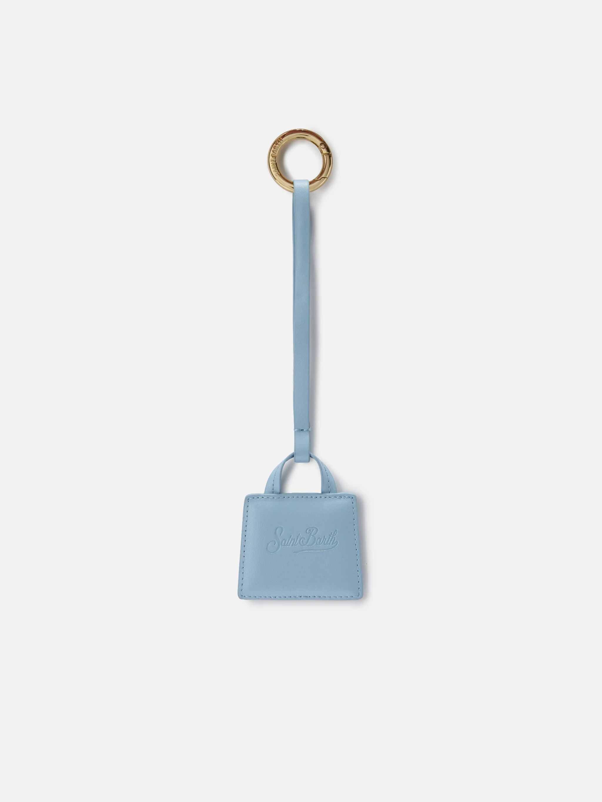 Light blue smooth leather bag charm with embossed logo