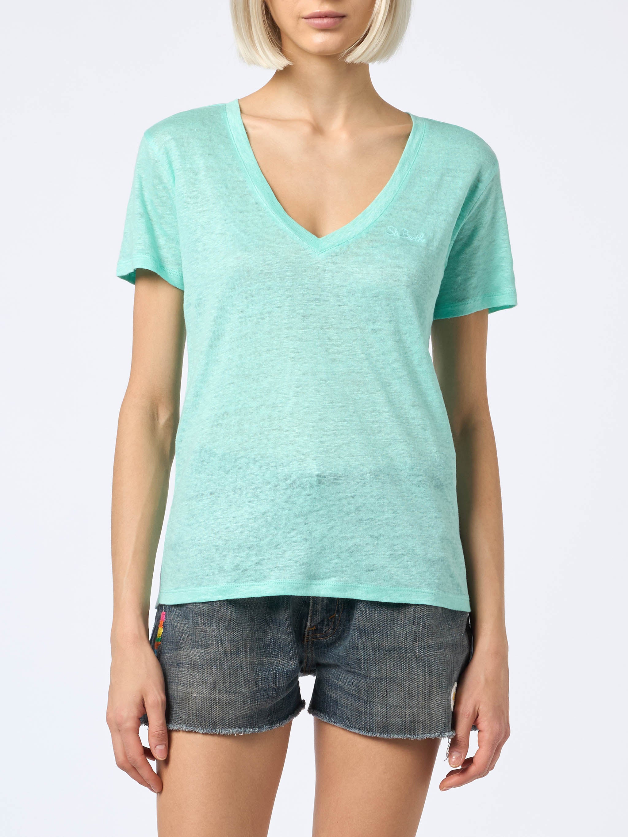 Eloise sage green linen jersey t-shirt with embroidery