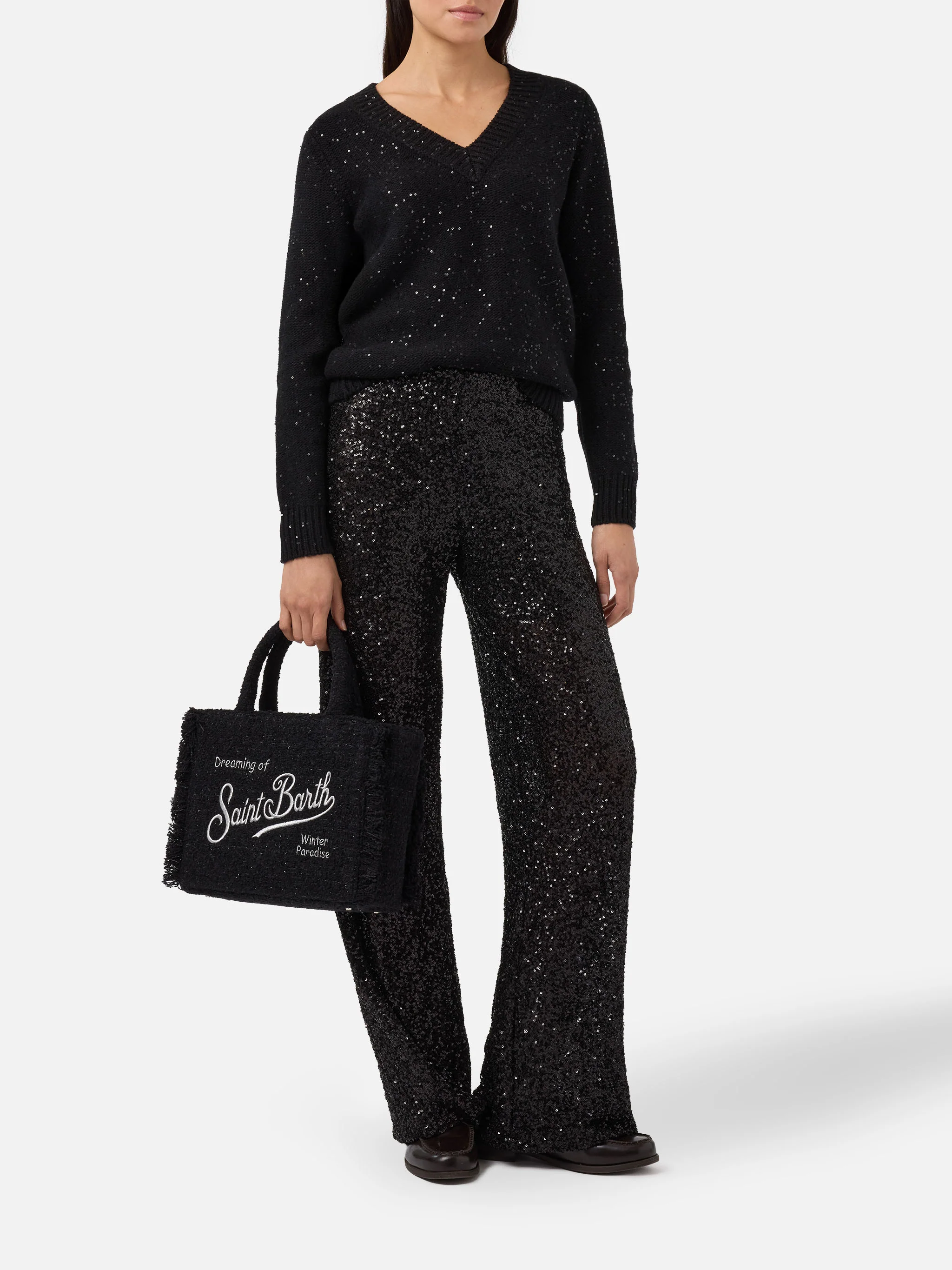 Lucette straight-leg trousers in sequin fabric black - Image 2