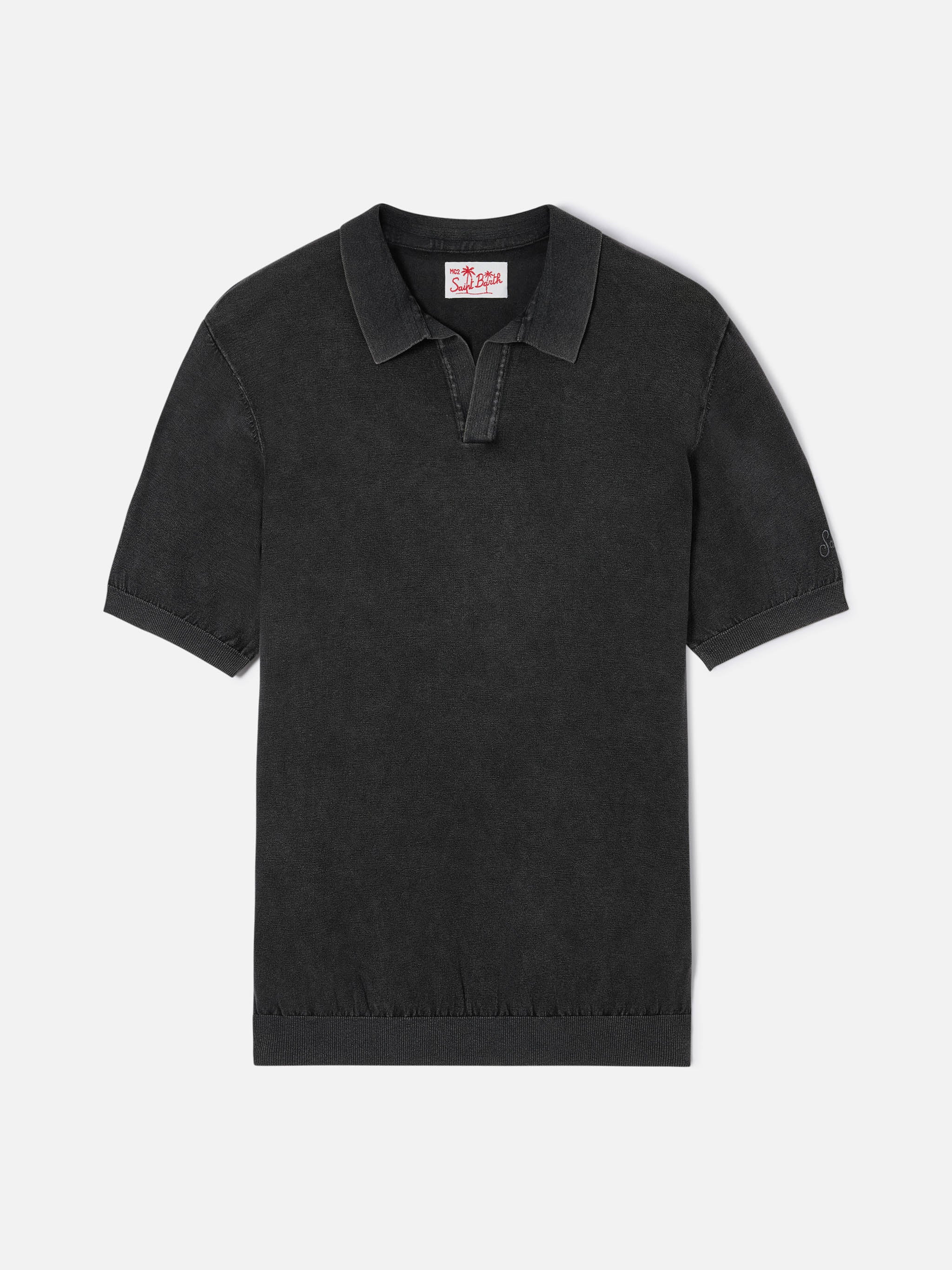 Black buttonless knitted polo shirt Sloan with vintage treatment - Image 5