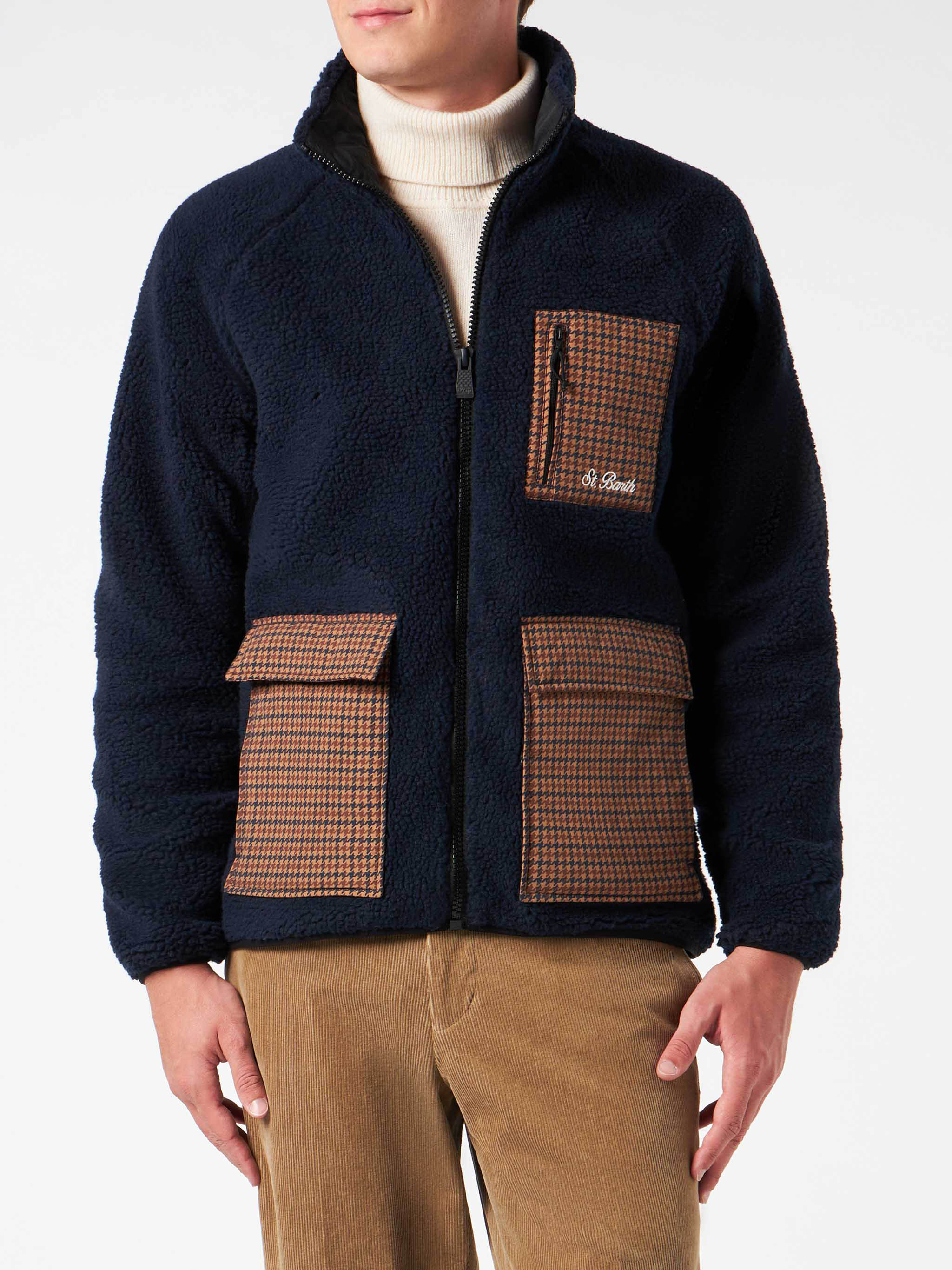 Keystone blue sherpa jacket with check patch pockets