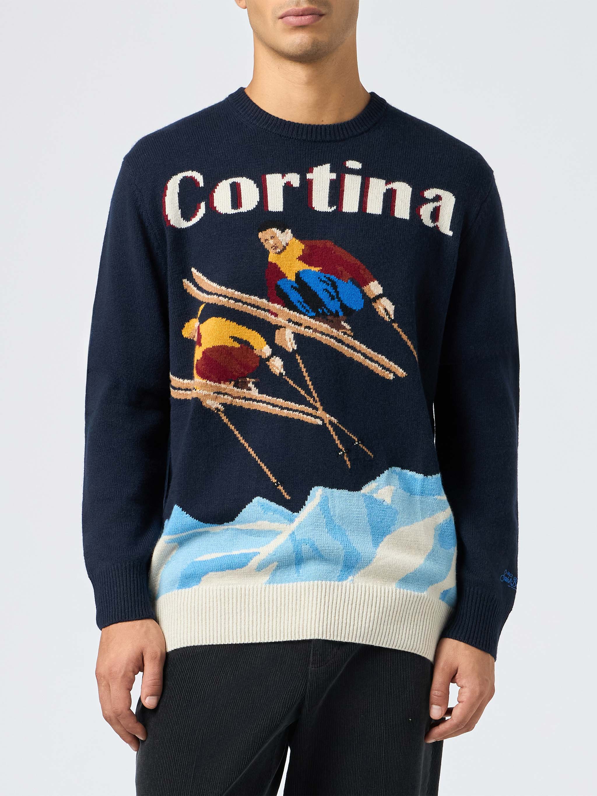 Crewneck sweater Heron with Cortina postcard jacquard