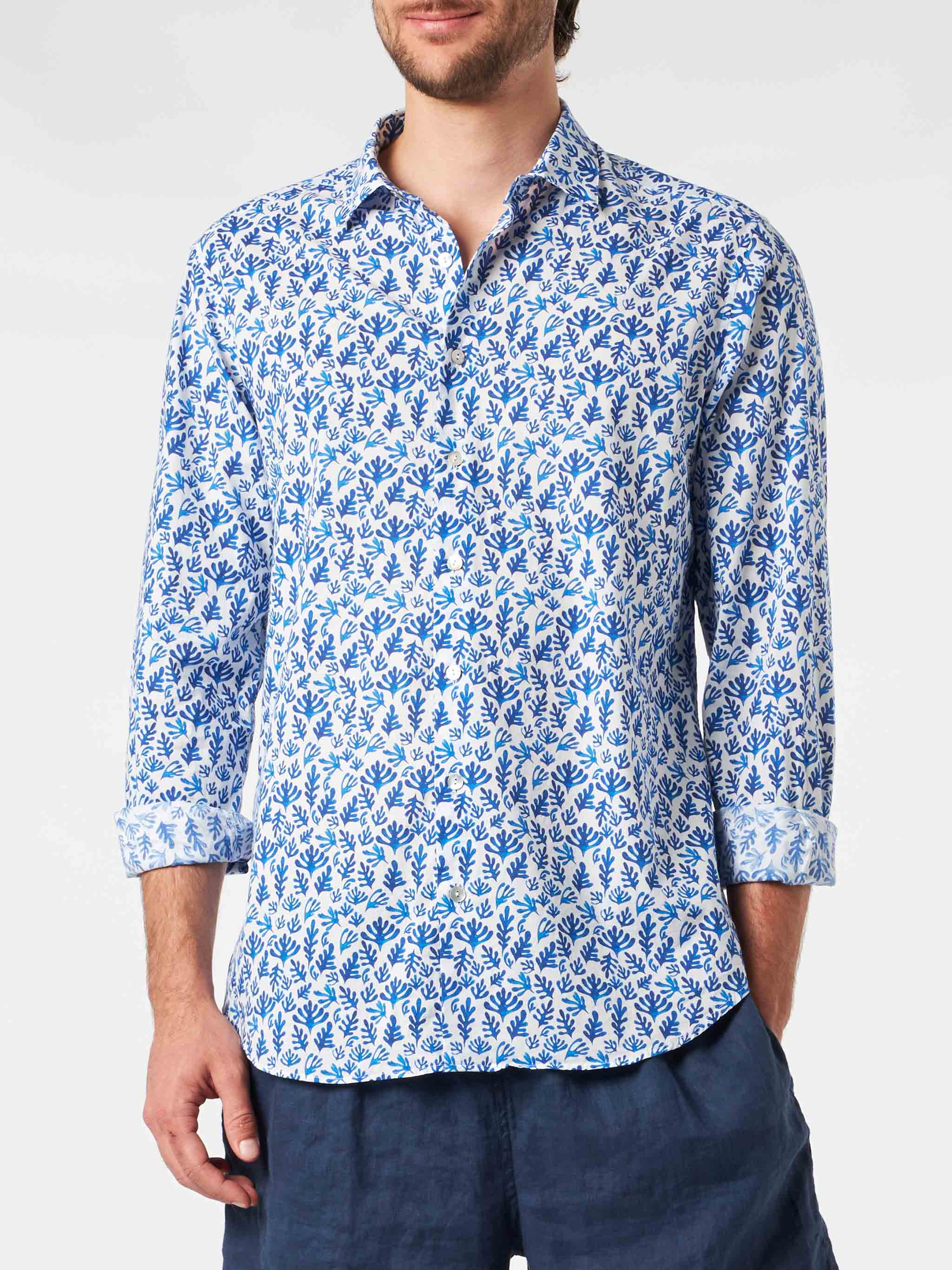 Sikelia white and blue leaves muslin cotton shirt