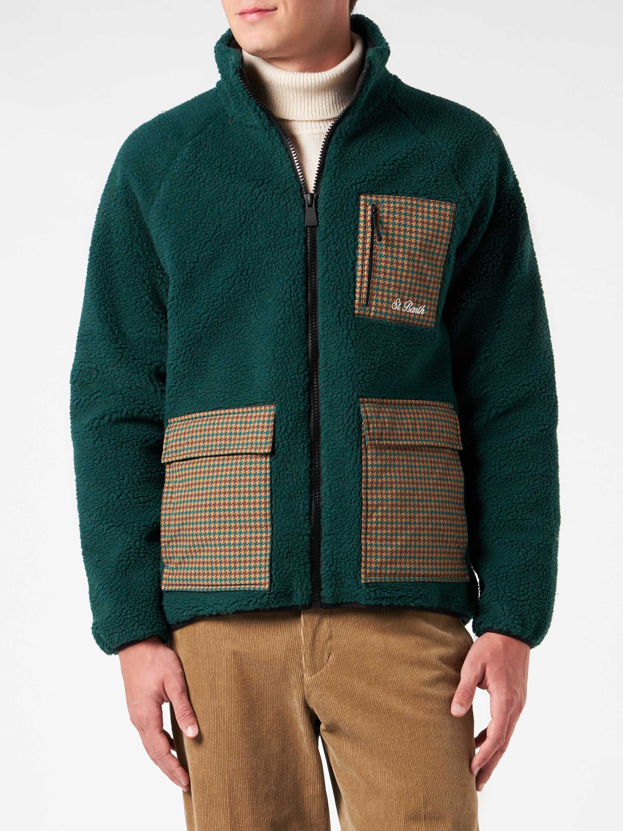 Keystone green sherpa jacket with pied de poule patch pockets