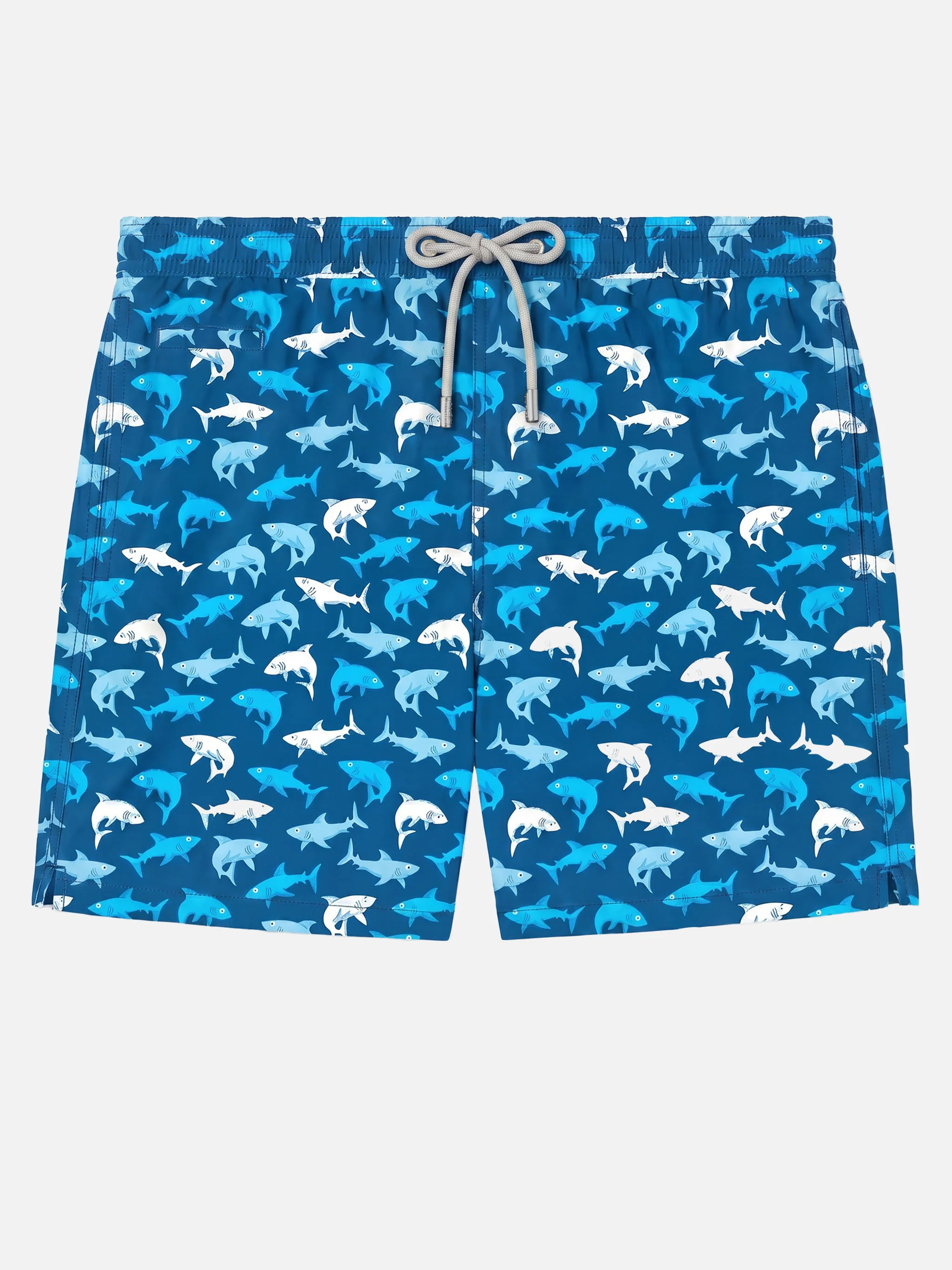 Man light fabric swim shorts with multicolor sharks print