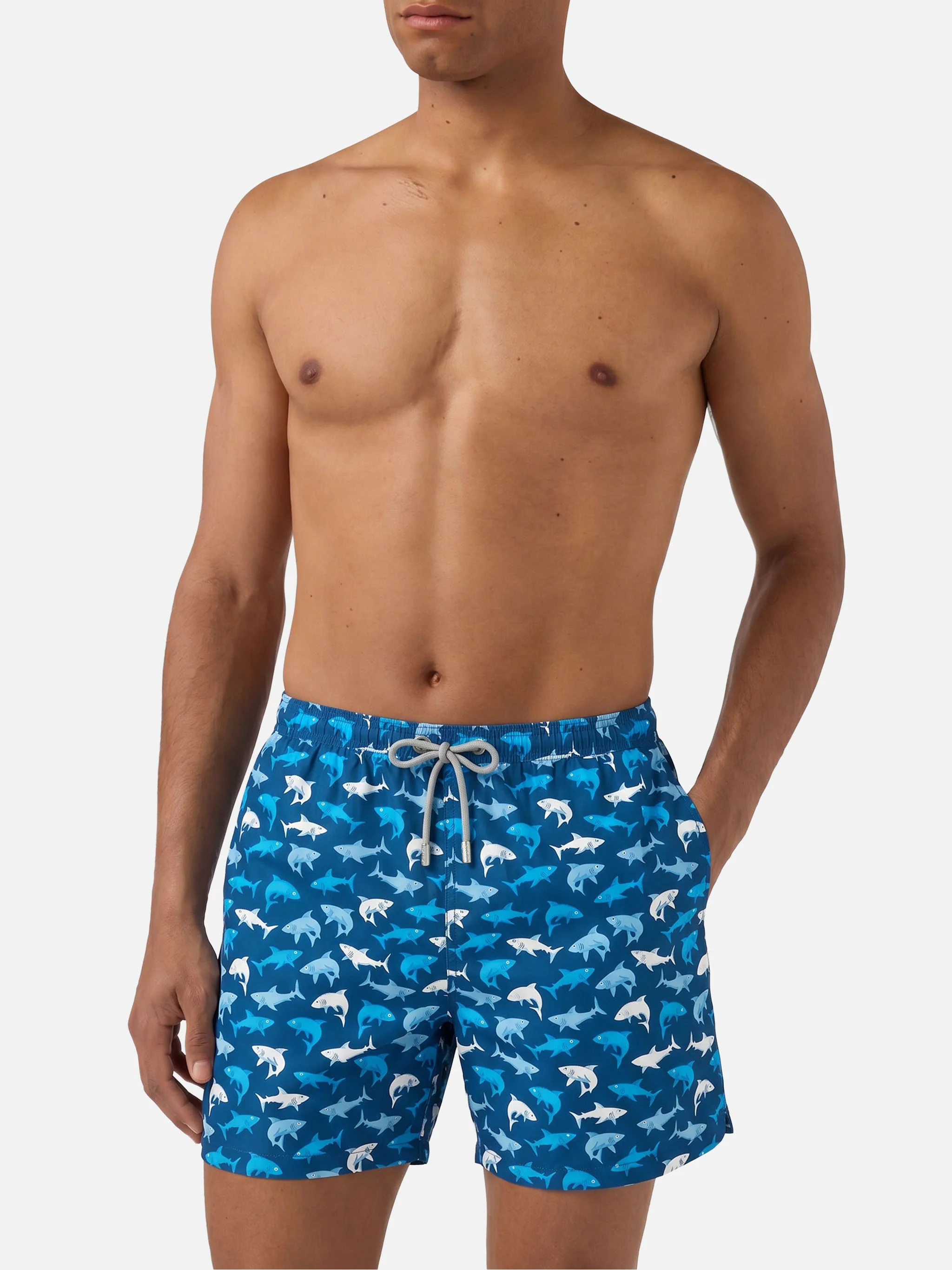 Man light fabric swim shorts with multicolor sharks print - Image 3