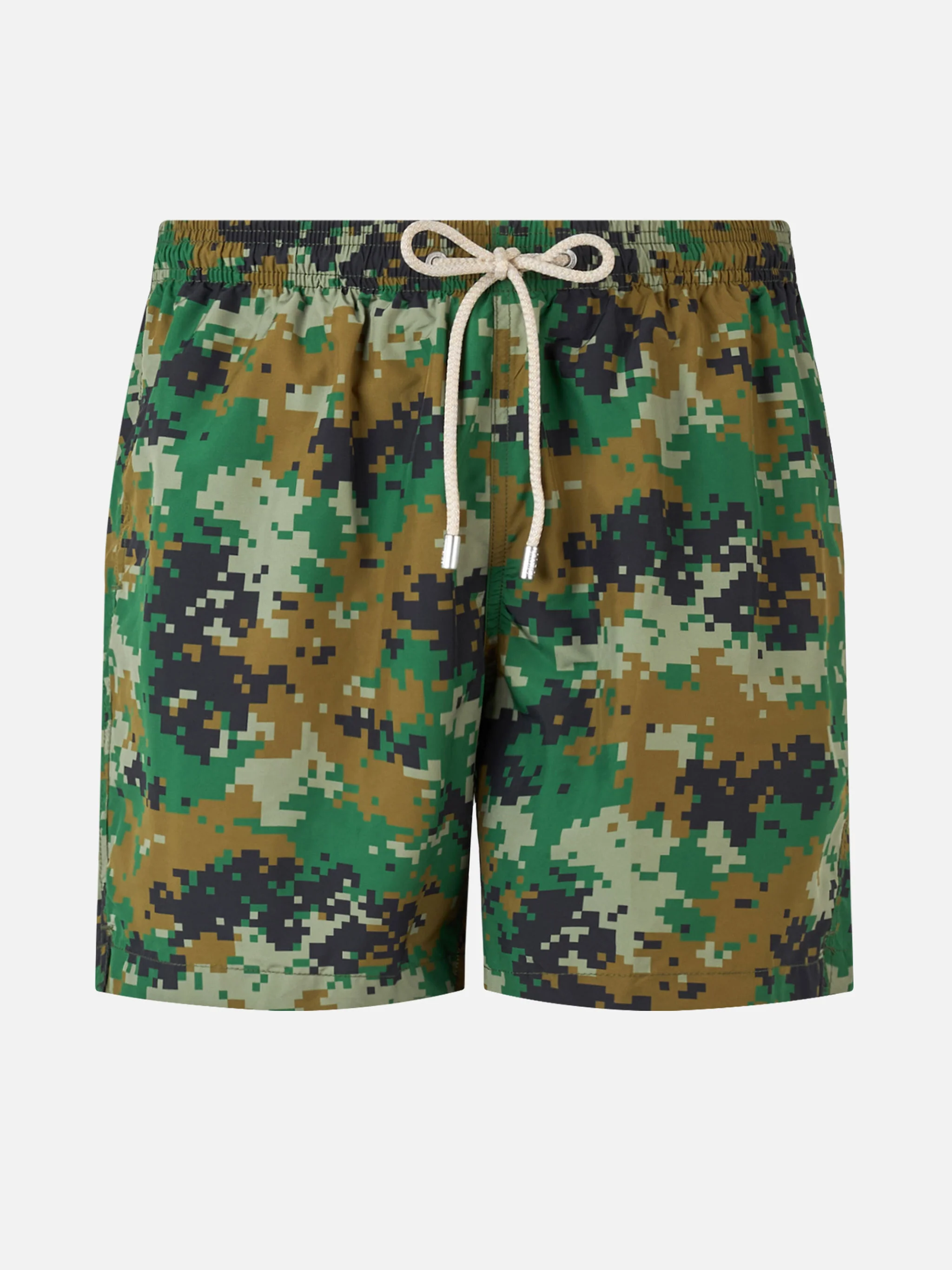 Lighting swim shorts with pixel camouflage pattern