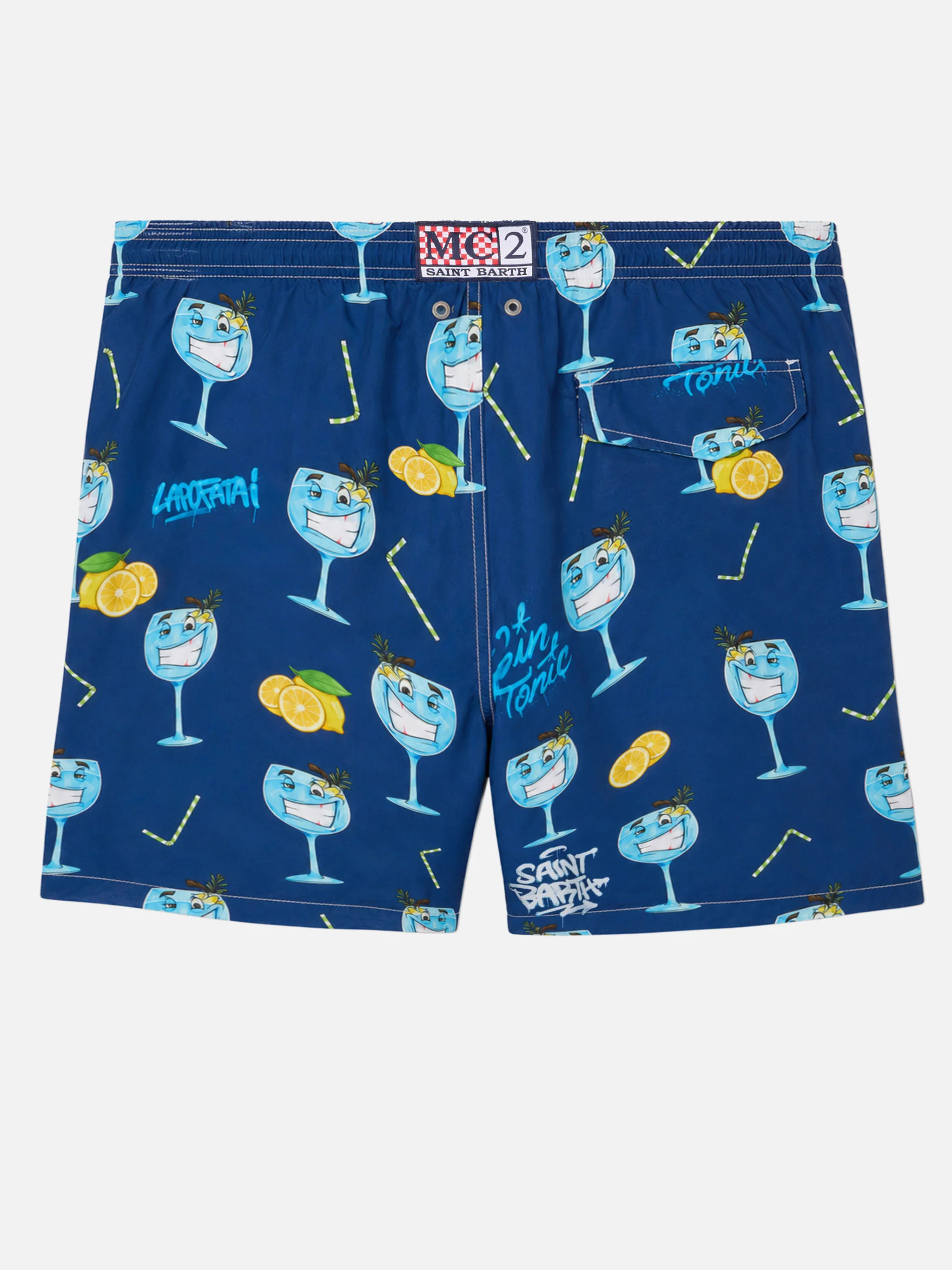 Lighting swim shorts with Cryptopuppets Gin Tonic print in blue | Special Edition - Image 2