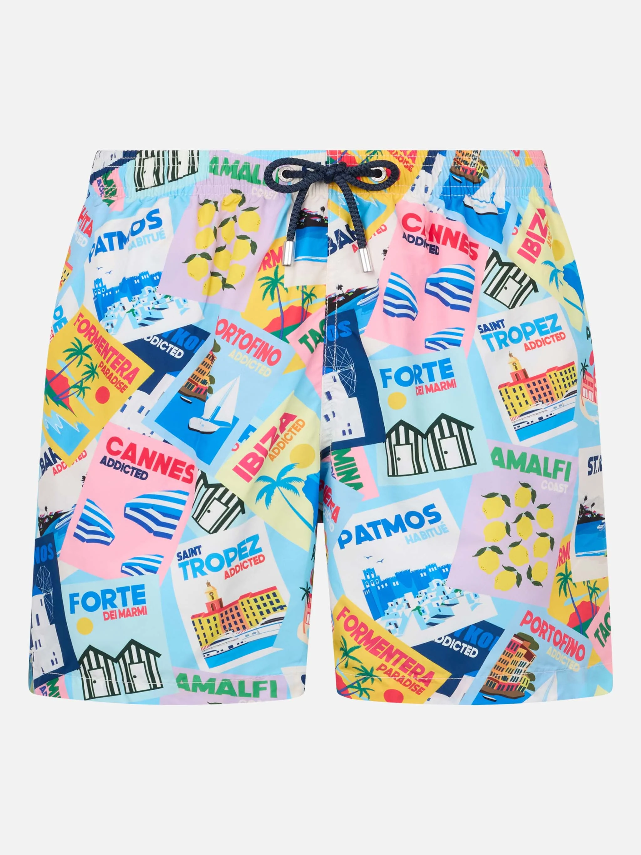 Lighting swim shorts with postcard print