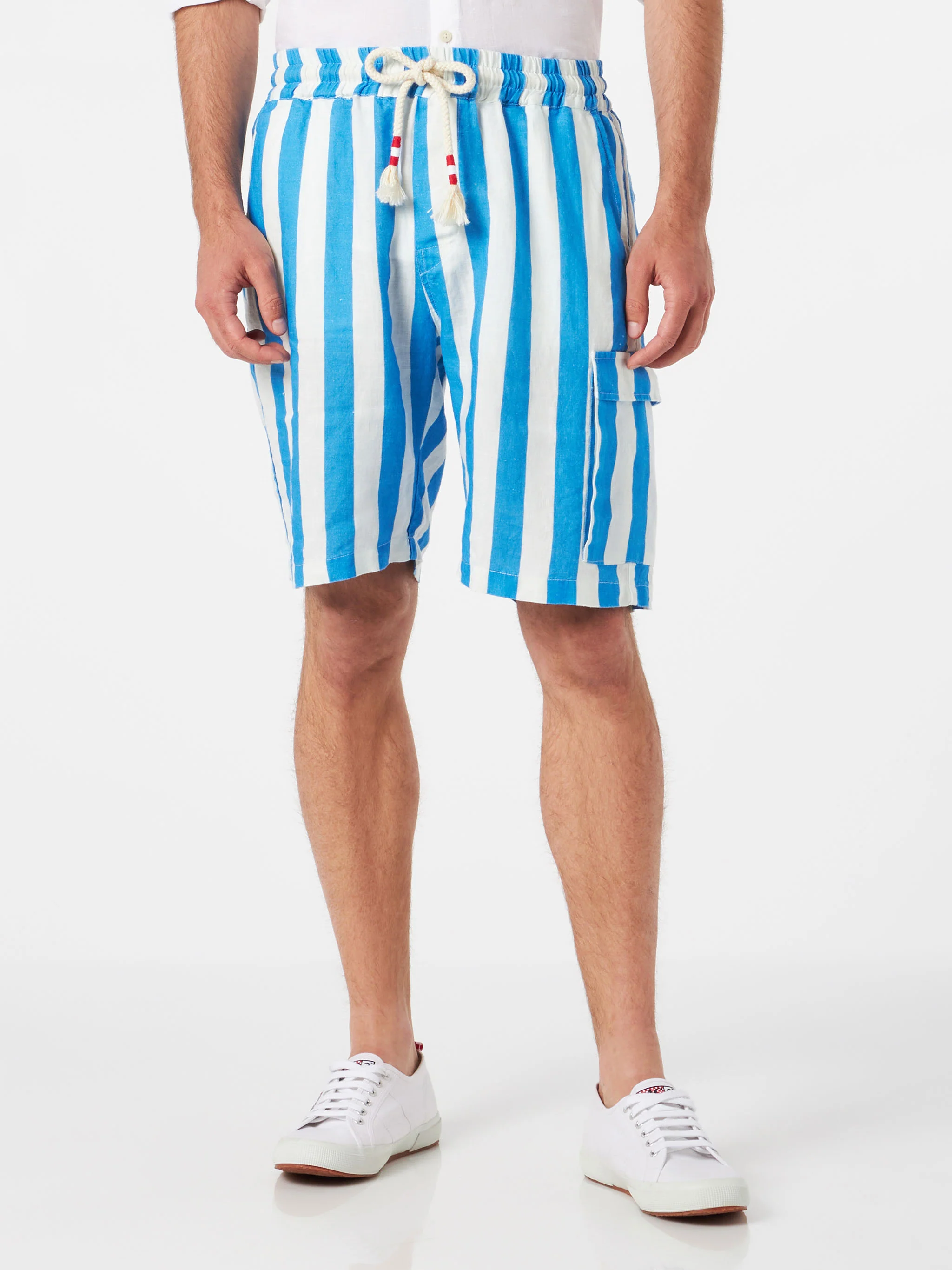Marseille white and light blue striped linen bermuda shorts
