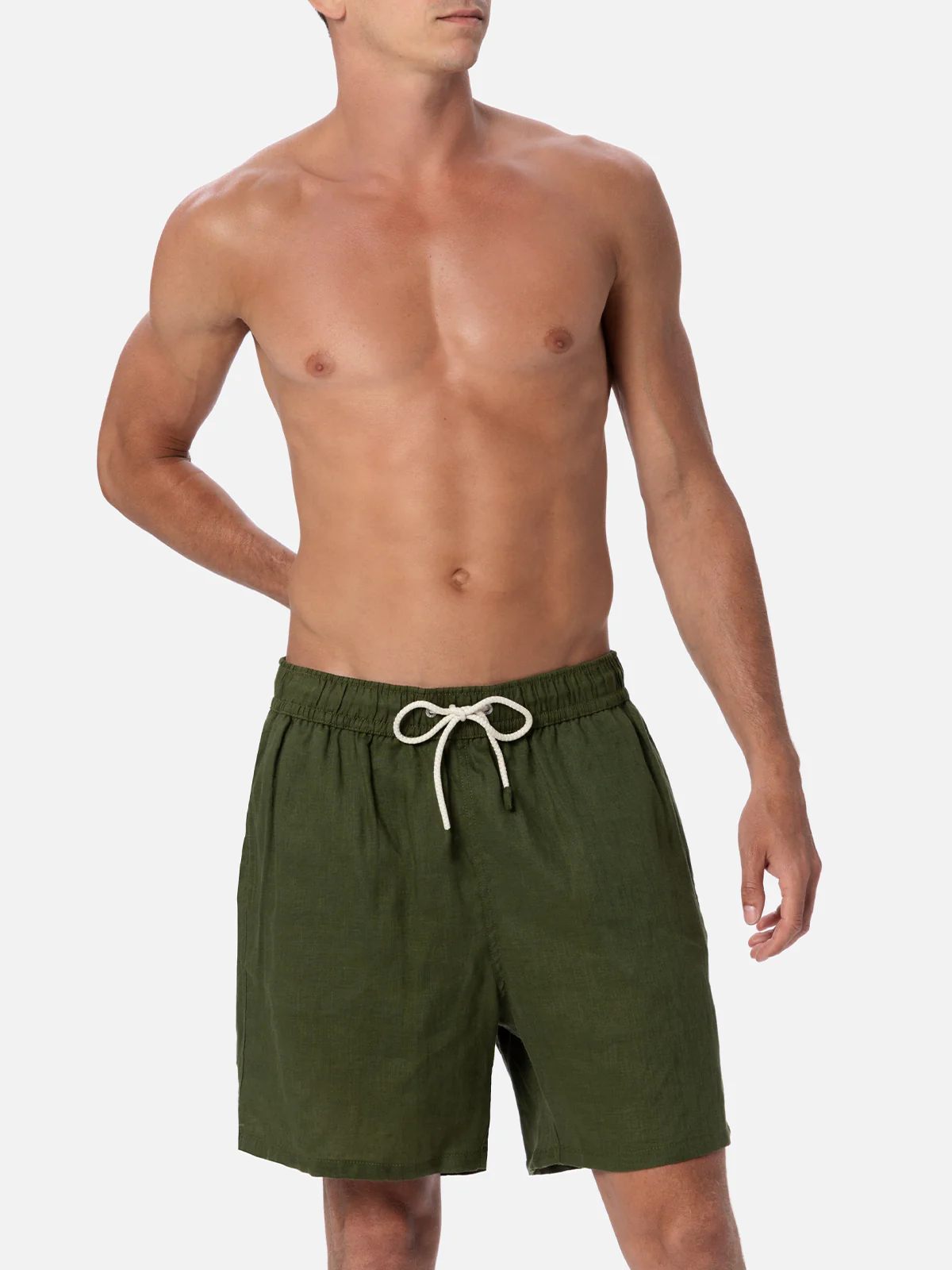 Gustavia military green plain-color linen swim shorts - Image 3