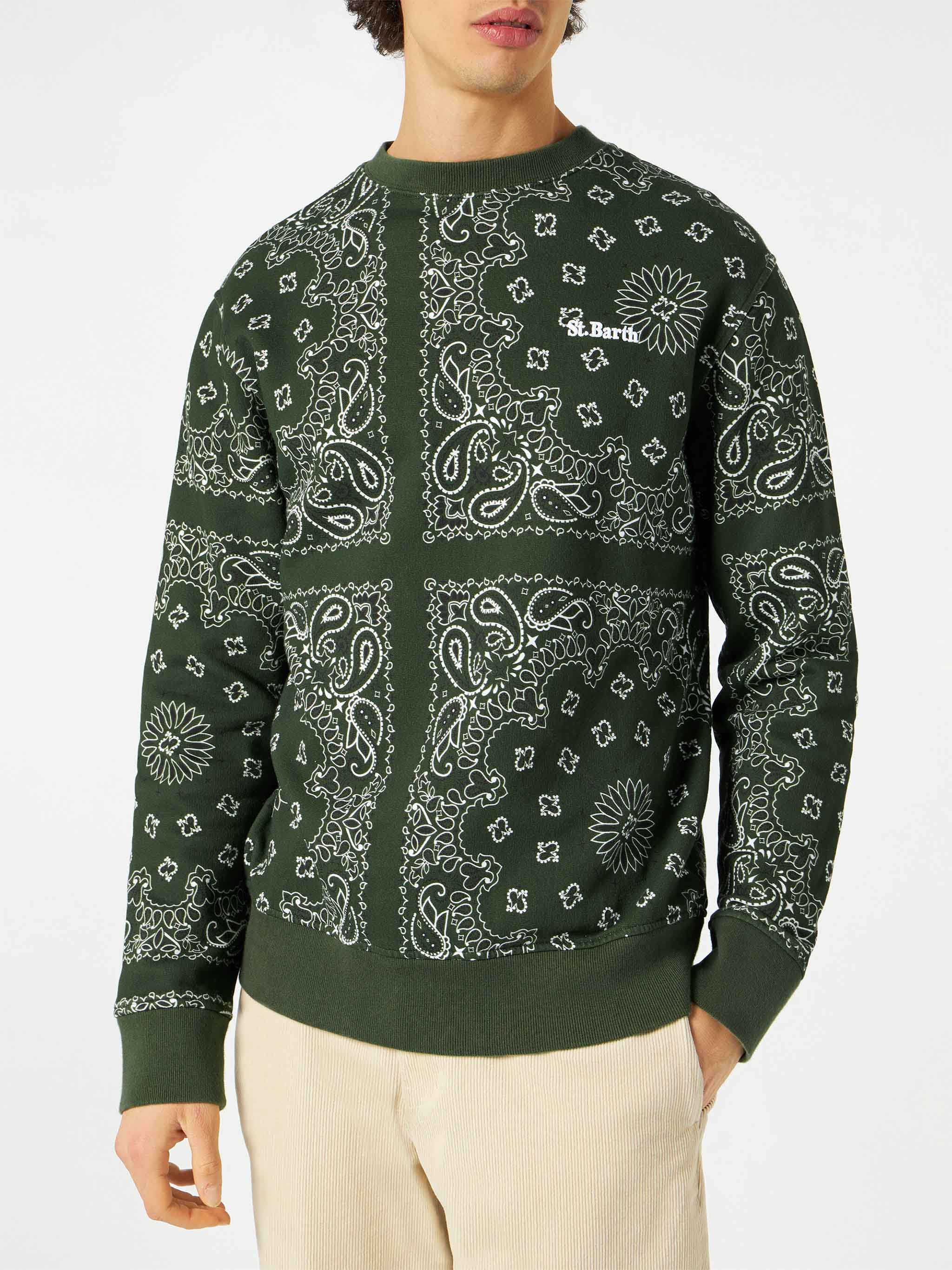 Crewneck sweatshirt with green bandana print