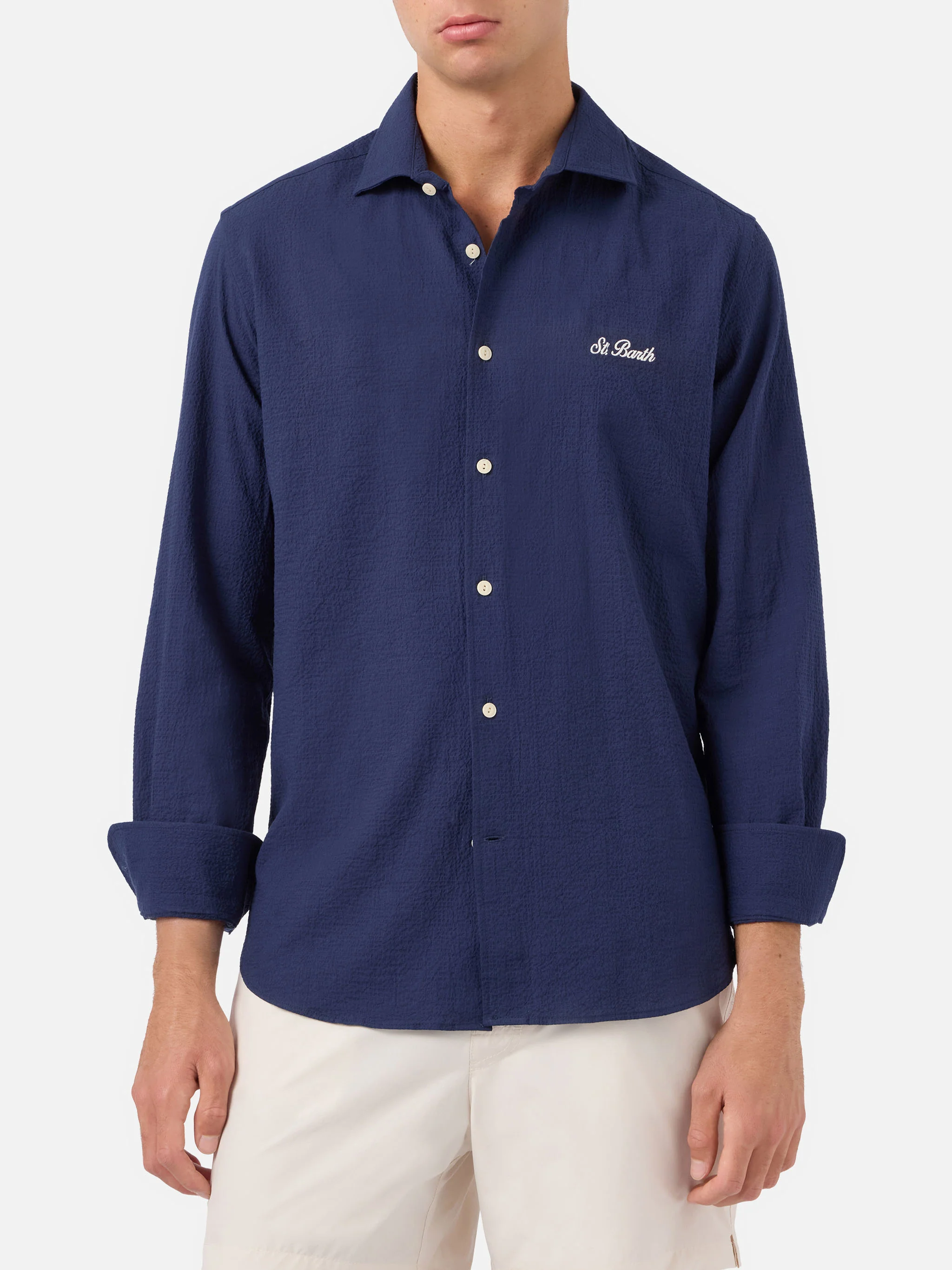 Pamplona seersucker shirt in blue with embroidery