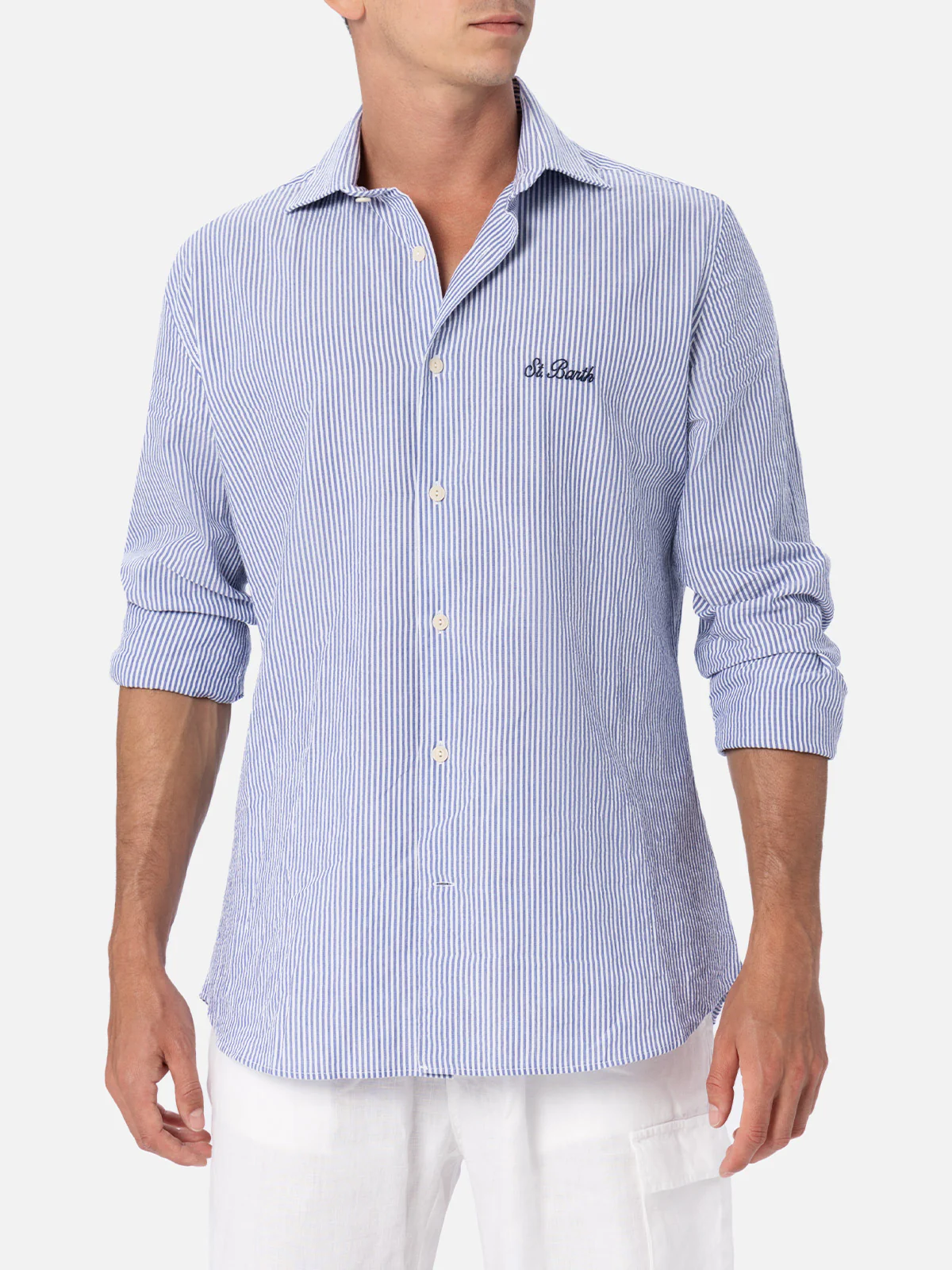 Pamplona seersucker striped shirt in light blue