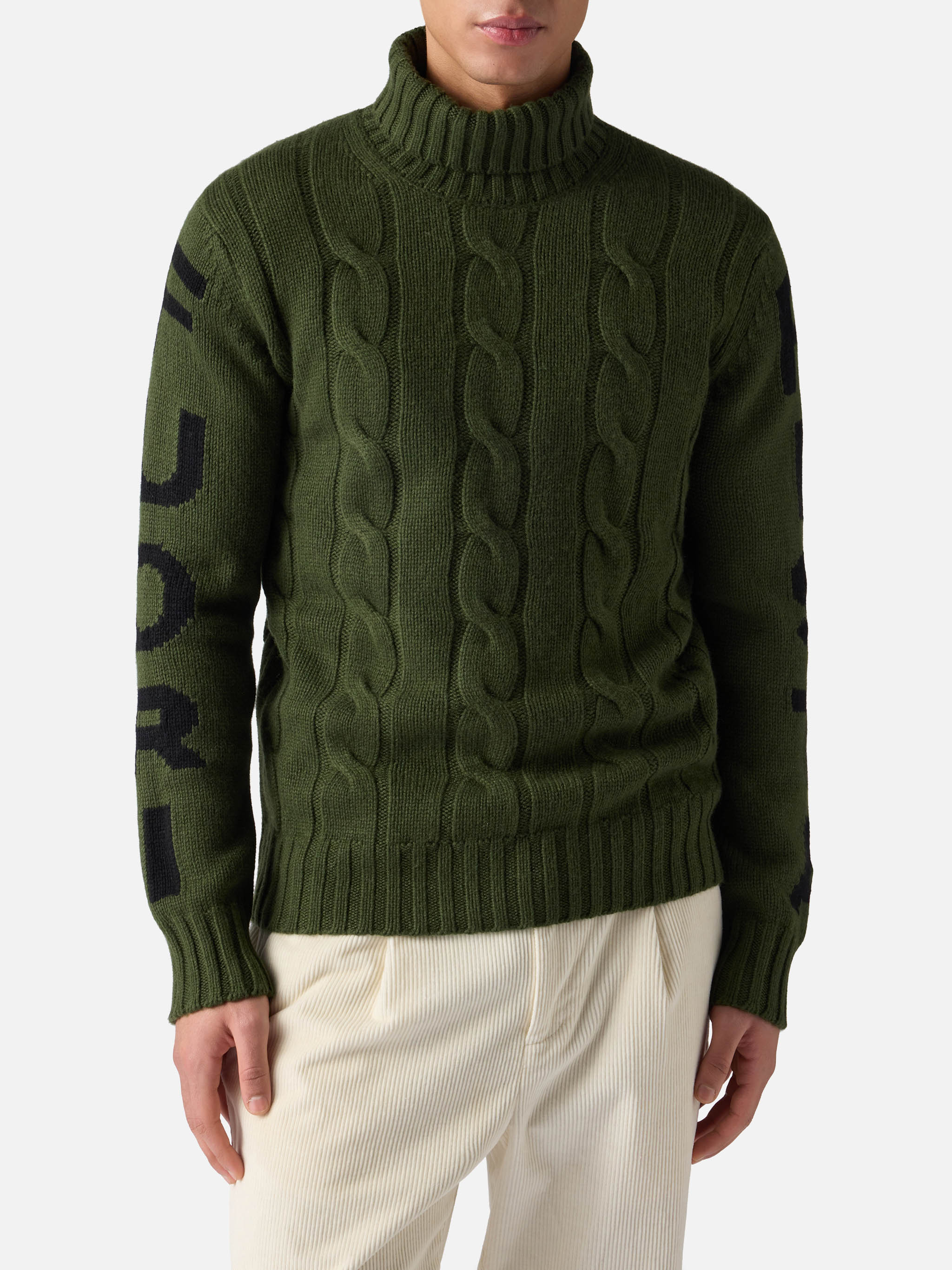 Fisherman cable-knit turtleneck sweater with Fuori pista jacquard military green