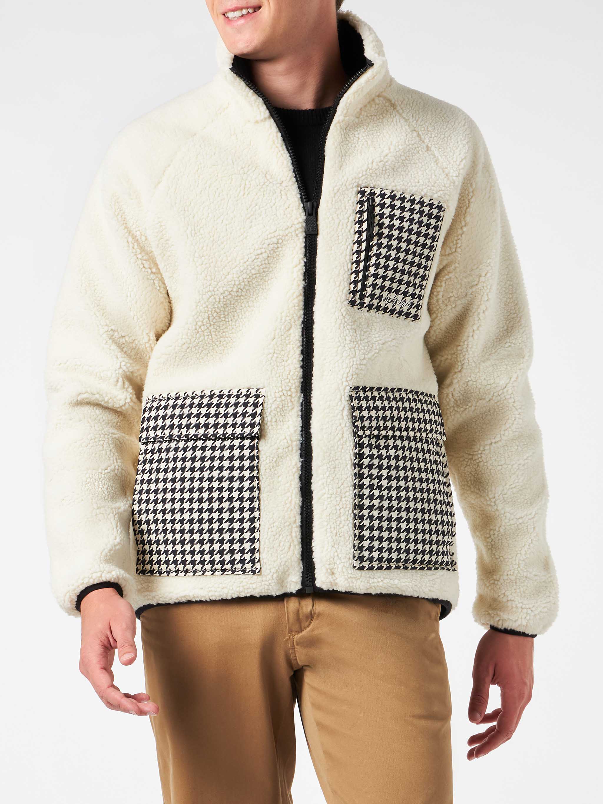 Keystone white sherpa jacket with pied de poule patch pockets