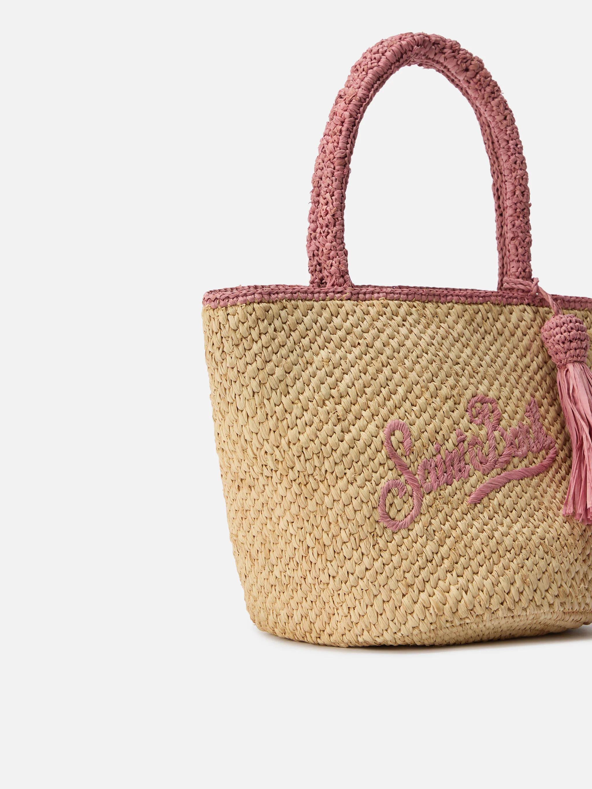 Marcy medium raffia bag with pink details and embroidered logo - Image 2