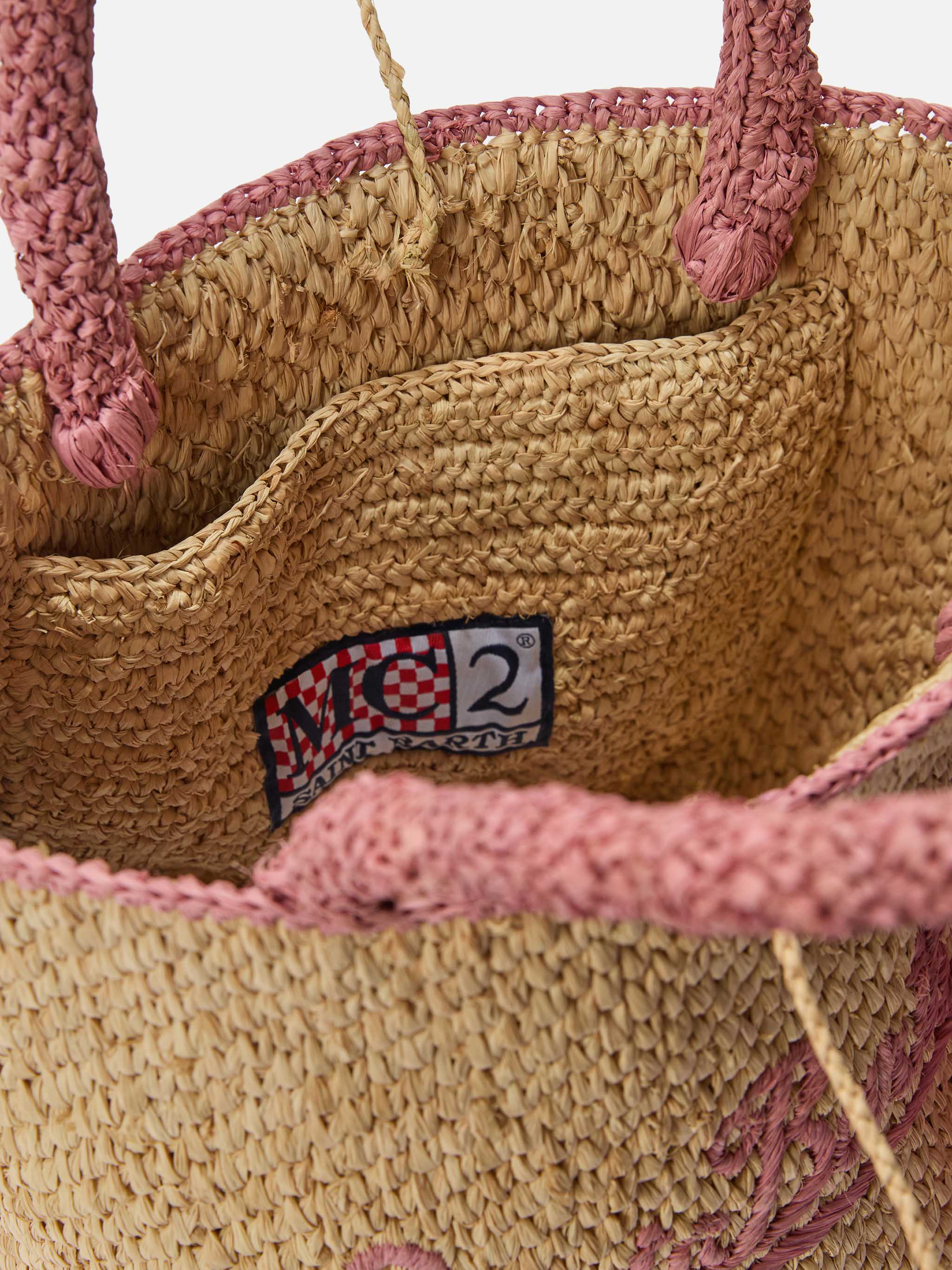 Marcy medium raffia bag with pink details and embroidered logo - Image 4