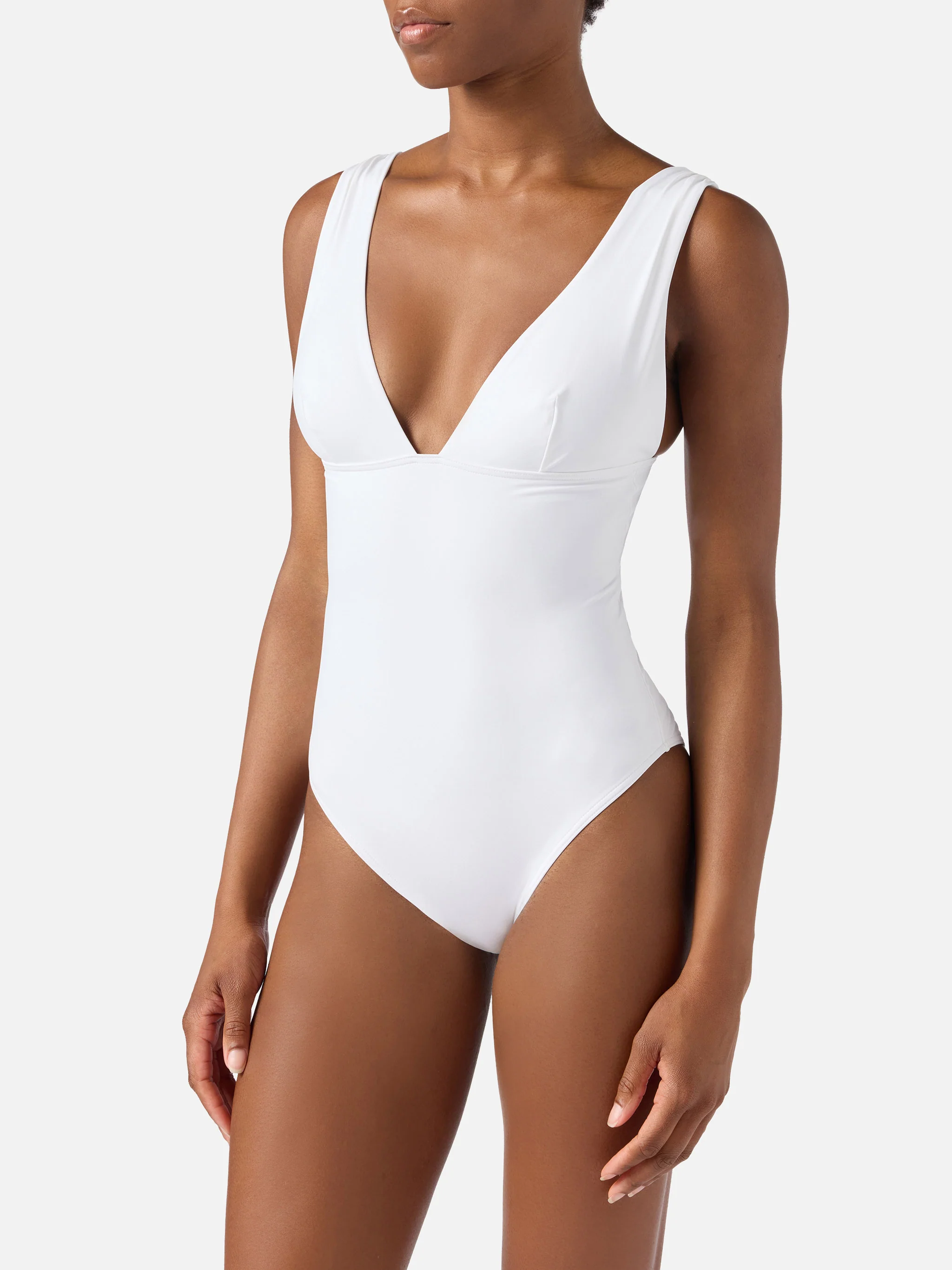 Mavi one-piece swimsuit with deep V neckline in solid white - Image 2