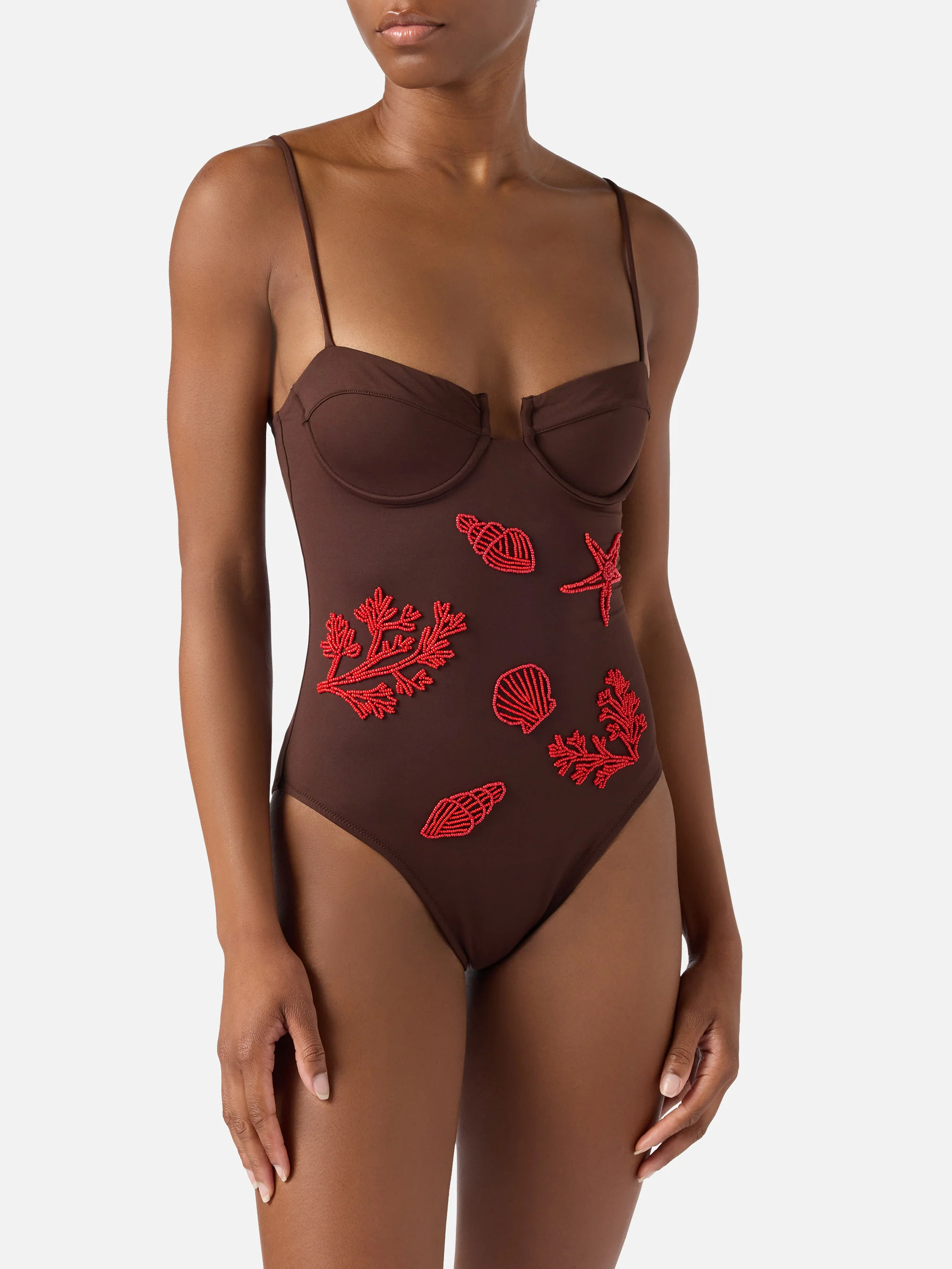 Medea one-piece swimsuit in brown with beaded sea-themed decorations - Image 2
