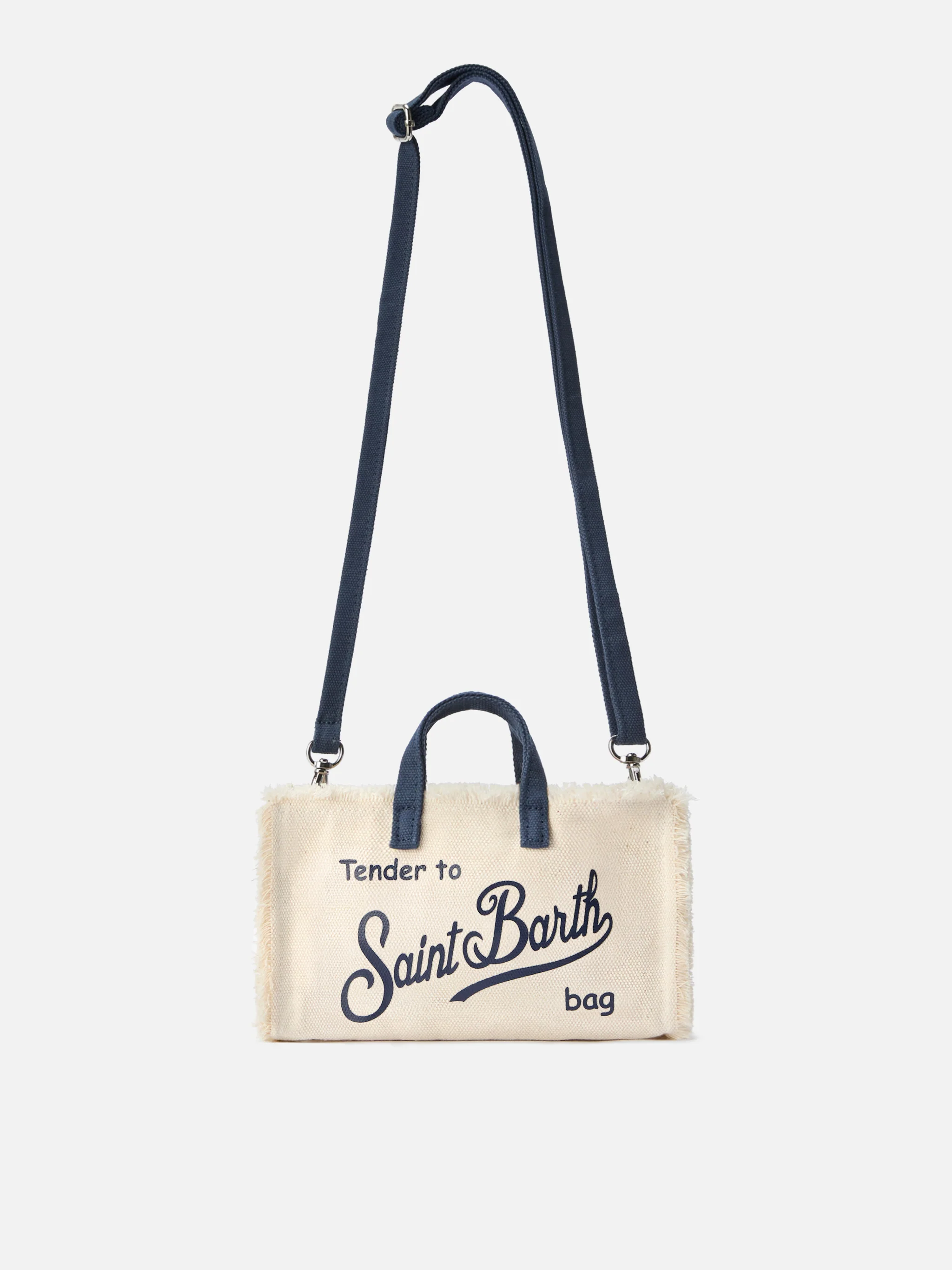 micro Phone canvas bag in white with blue details and contrasting logo
