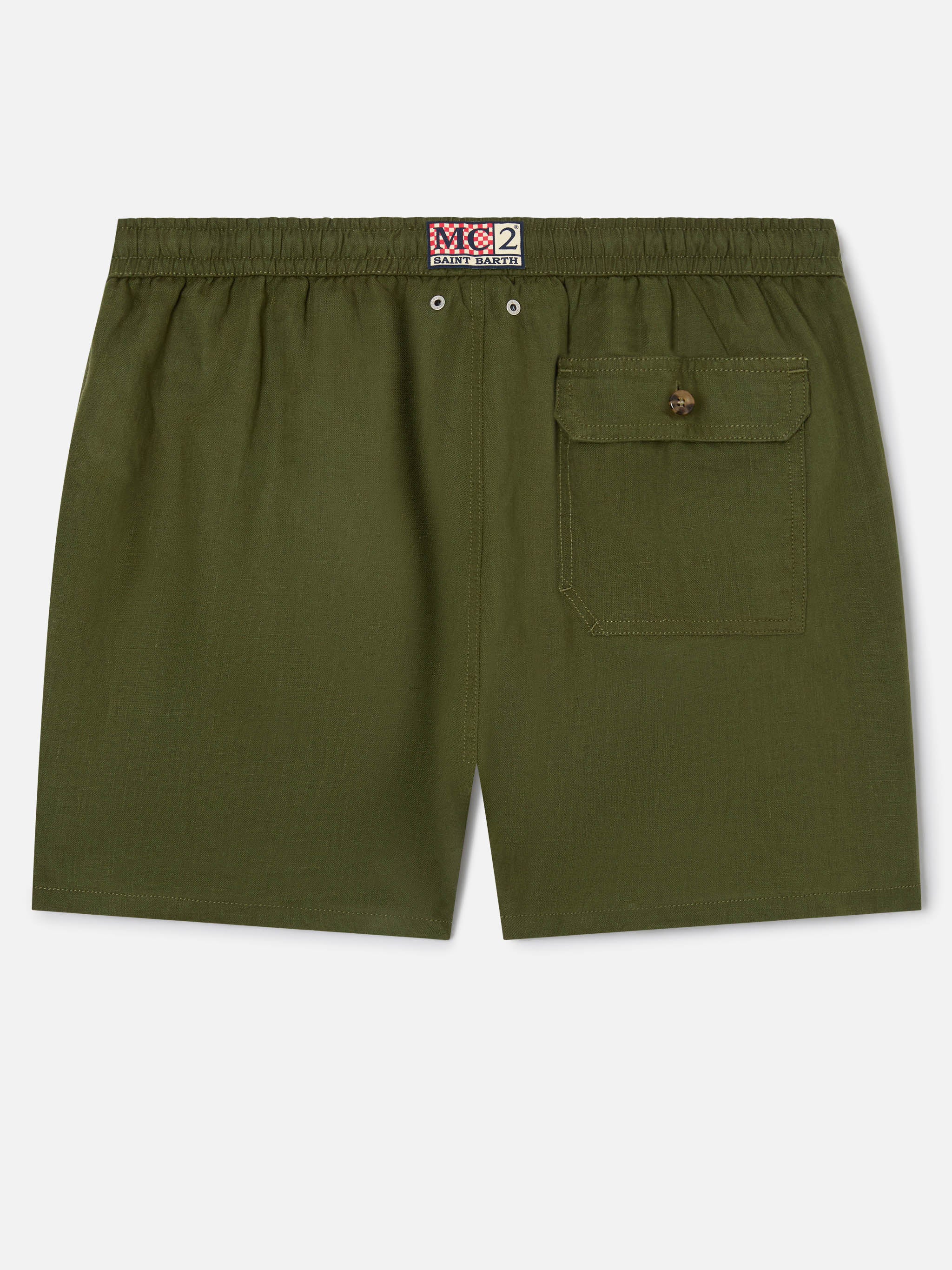 Gustavia military green plain-color linen swim shorts - Image 2