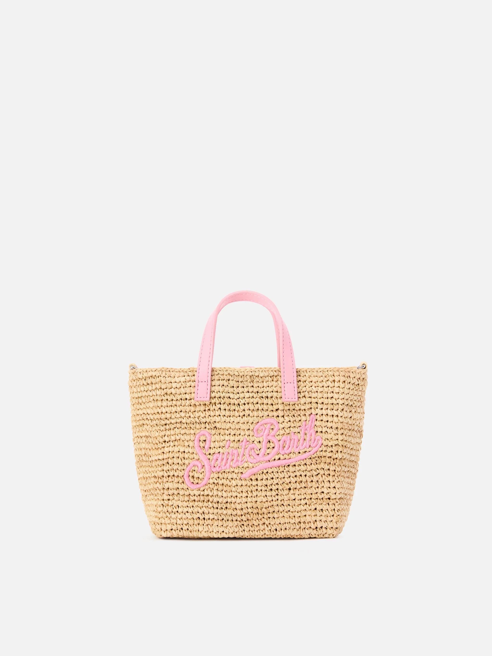 Mini City raffia bag with contrasting pink embroidered logo