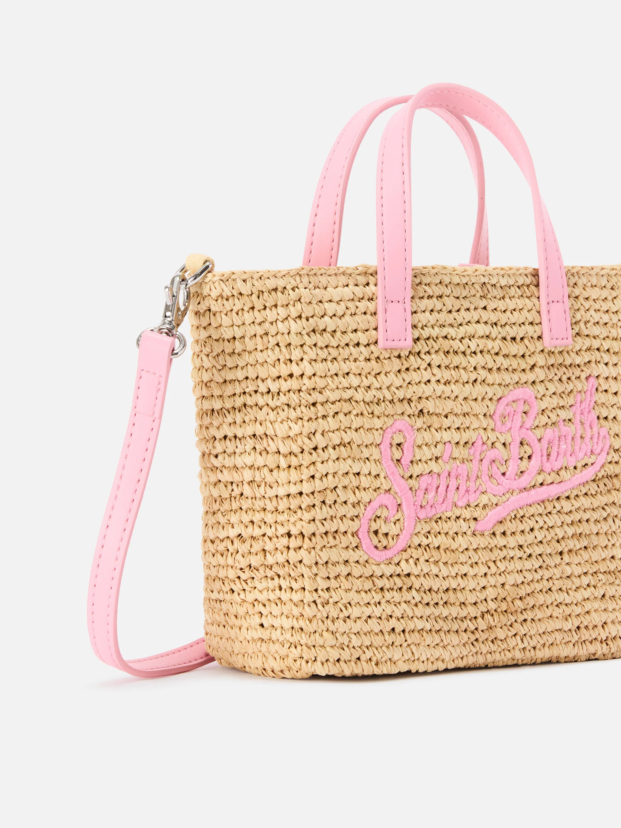 Mini City raffia bag with contrasting pink embroidered logo - Image 2