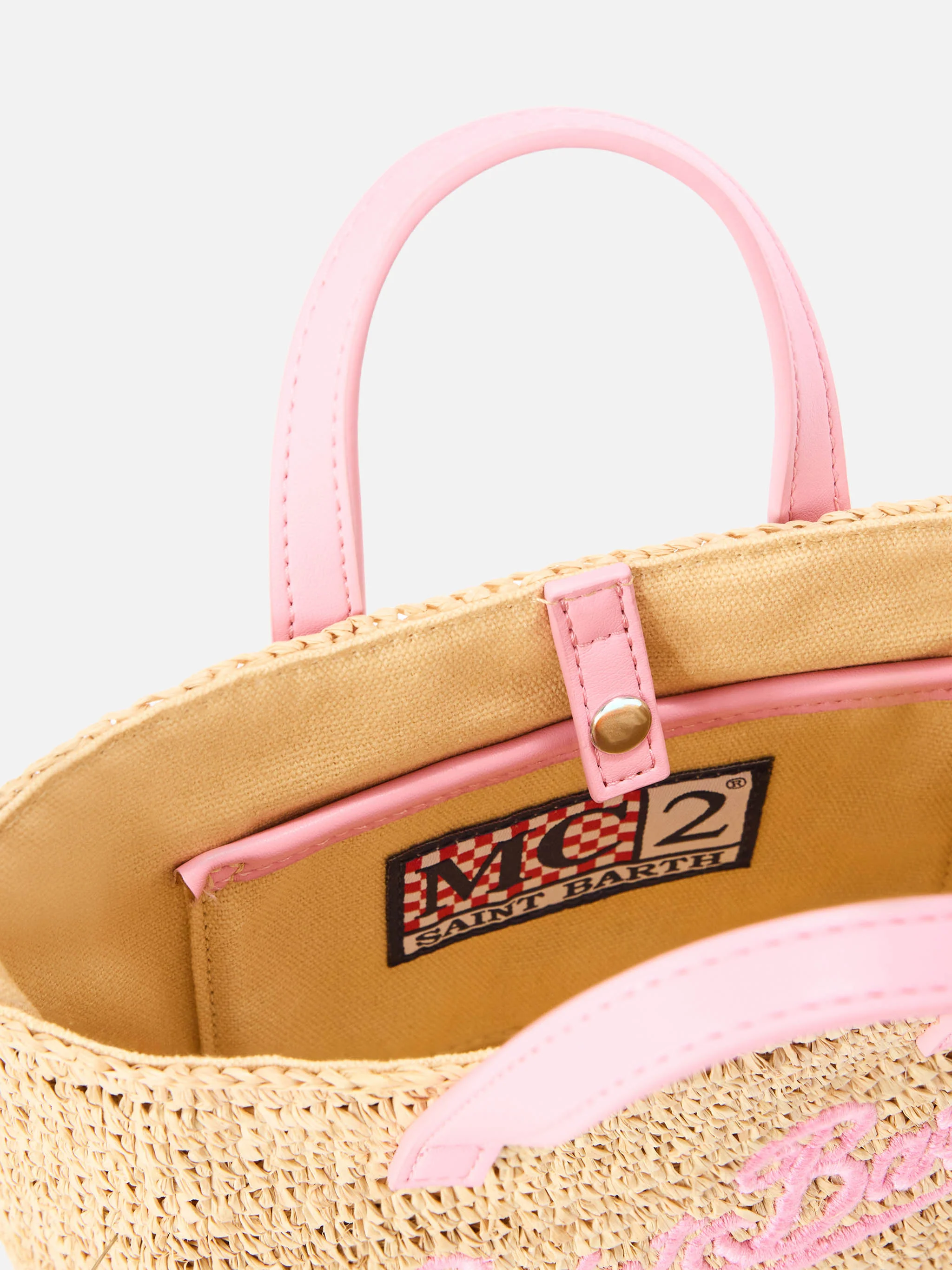 Mini City raffia bag with contrasting pink embroidered logo - Image 4
