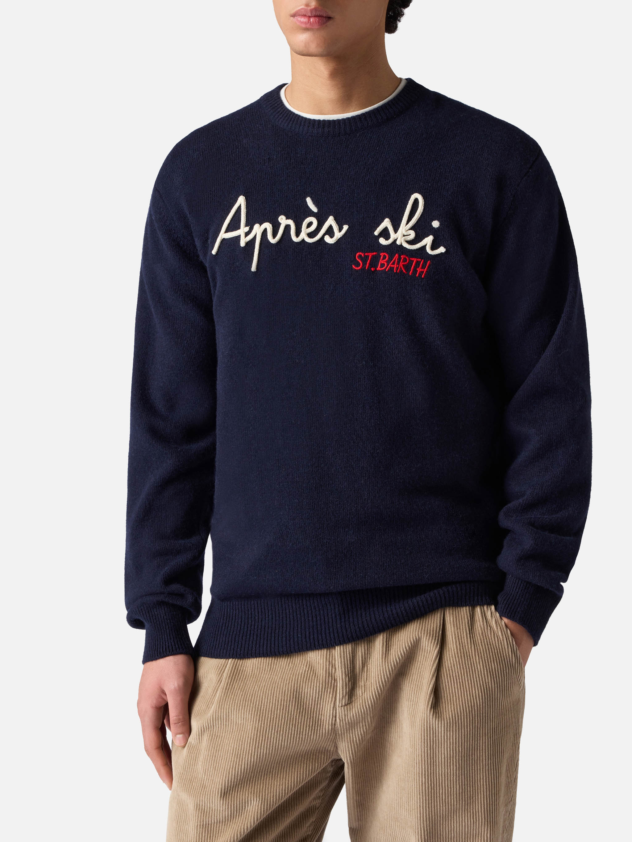 Navy blue crewneck Heron with Apres ski embroidery