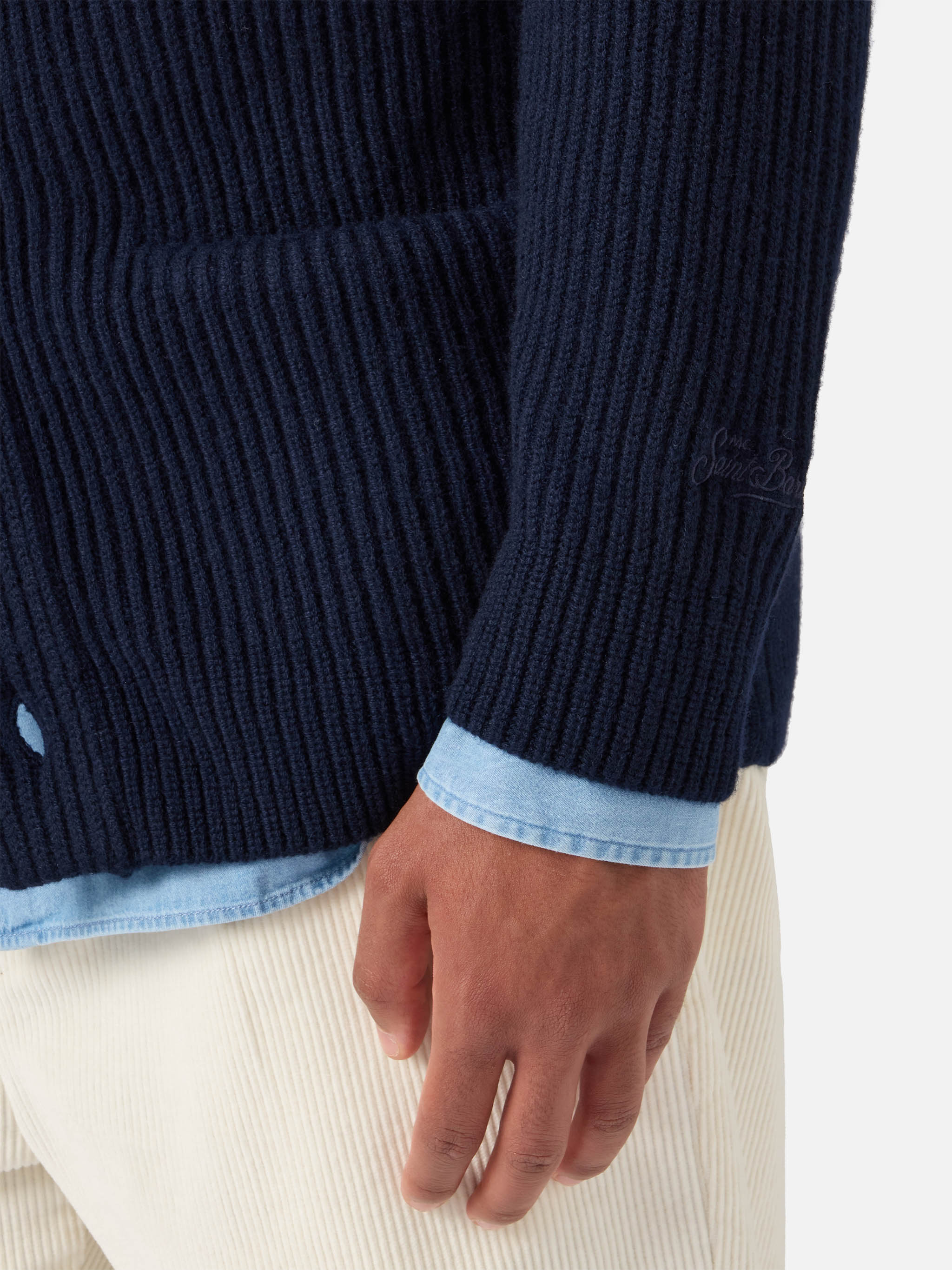 Navy blue pure-wool cardigan Glasgow - Image 4