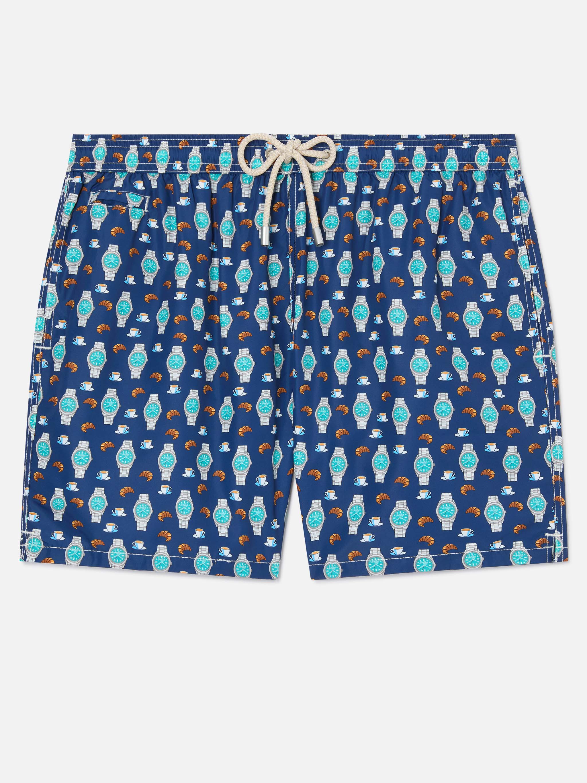 Navy Lighting Micro swim shorts with breakfast watch print