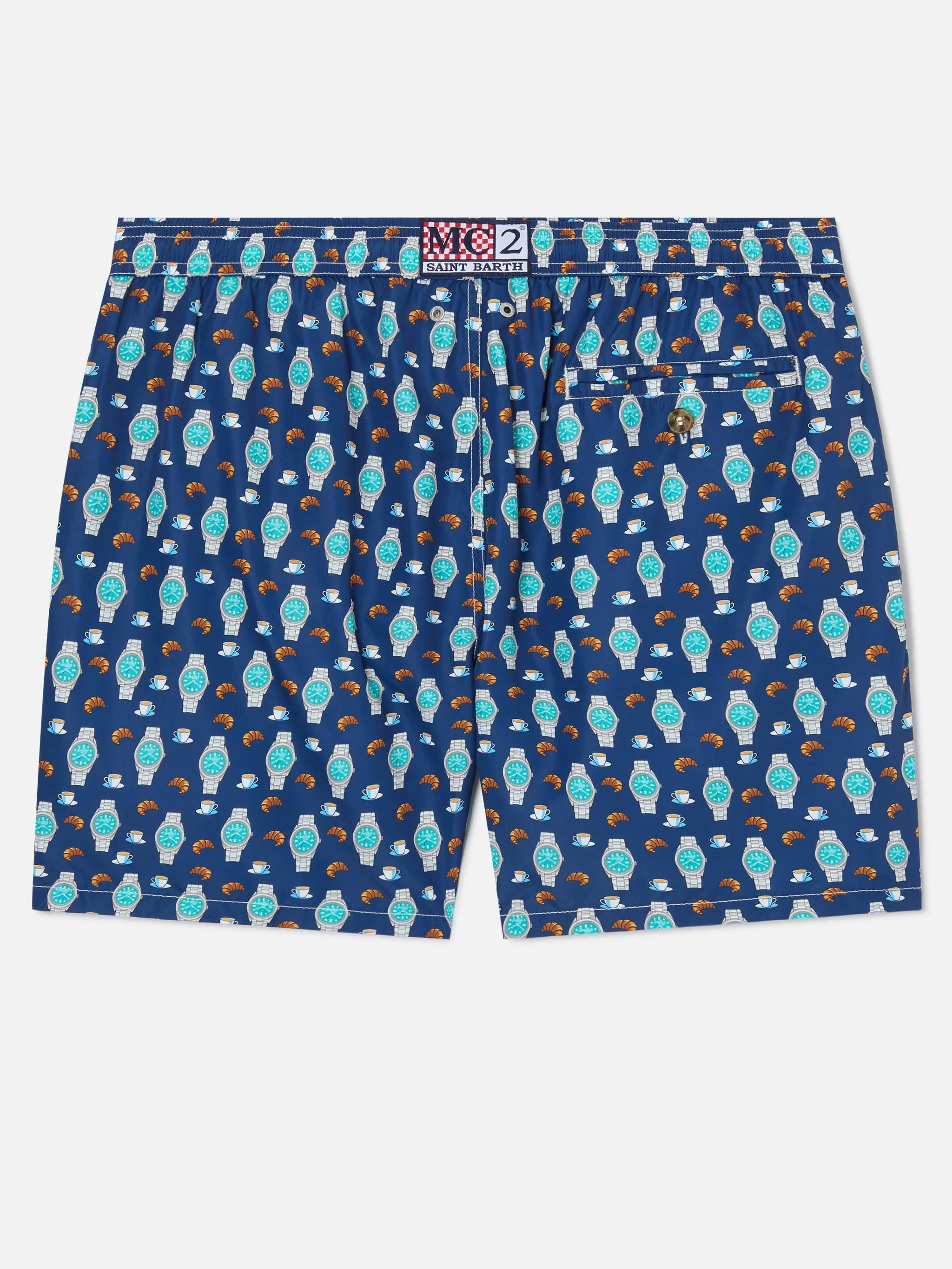 Navy Lighting Micro swim shorts with breakfast watch print - Image 2