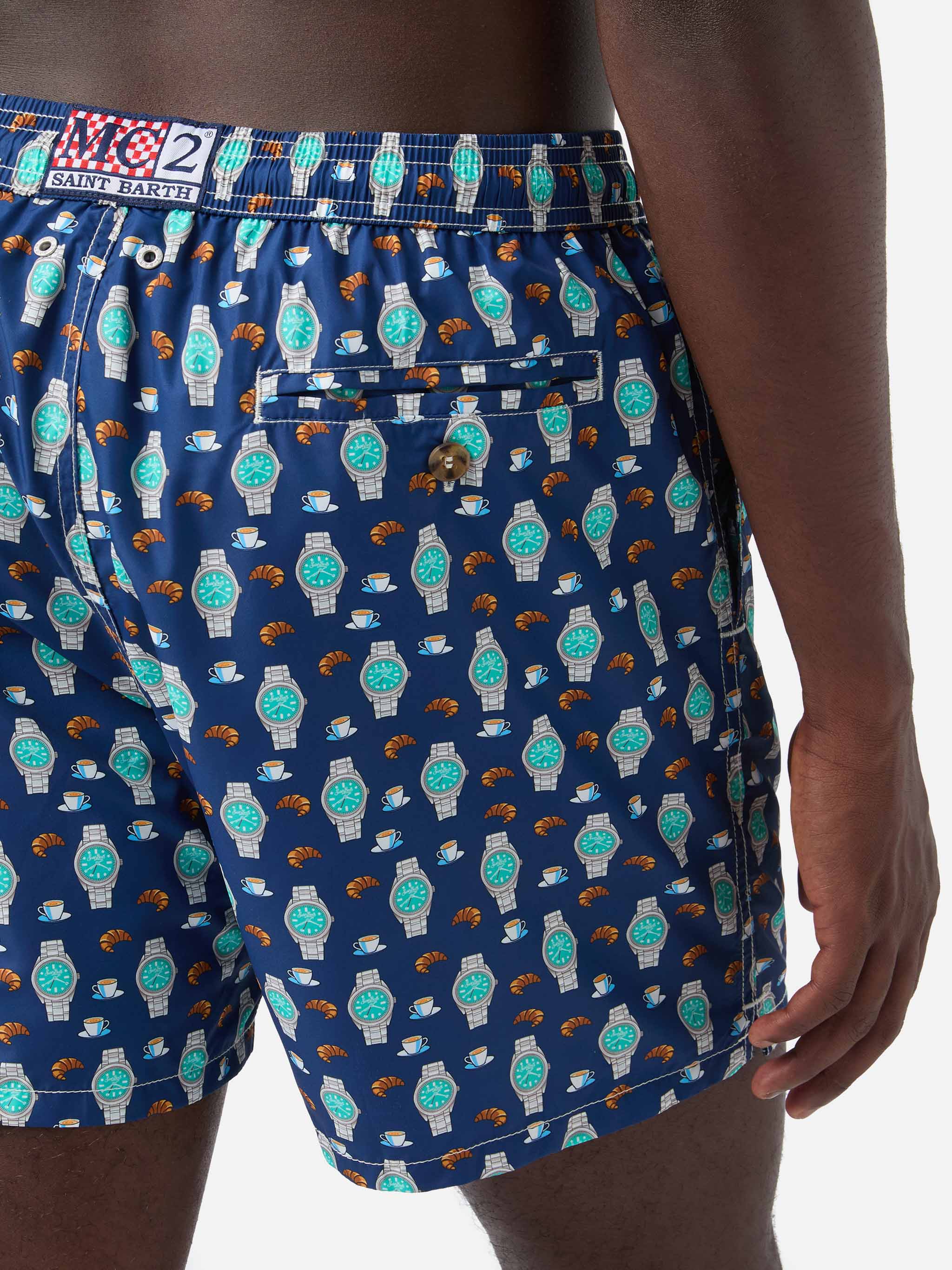 Navy Lighting Micro swim shorts with breakfast watch print - Image 6