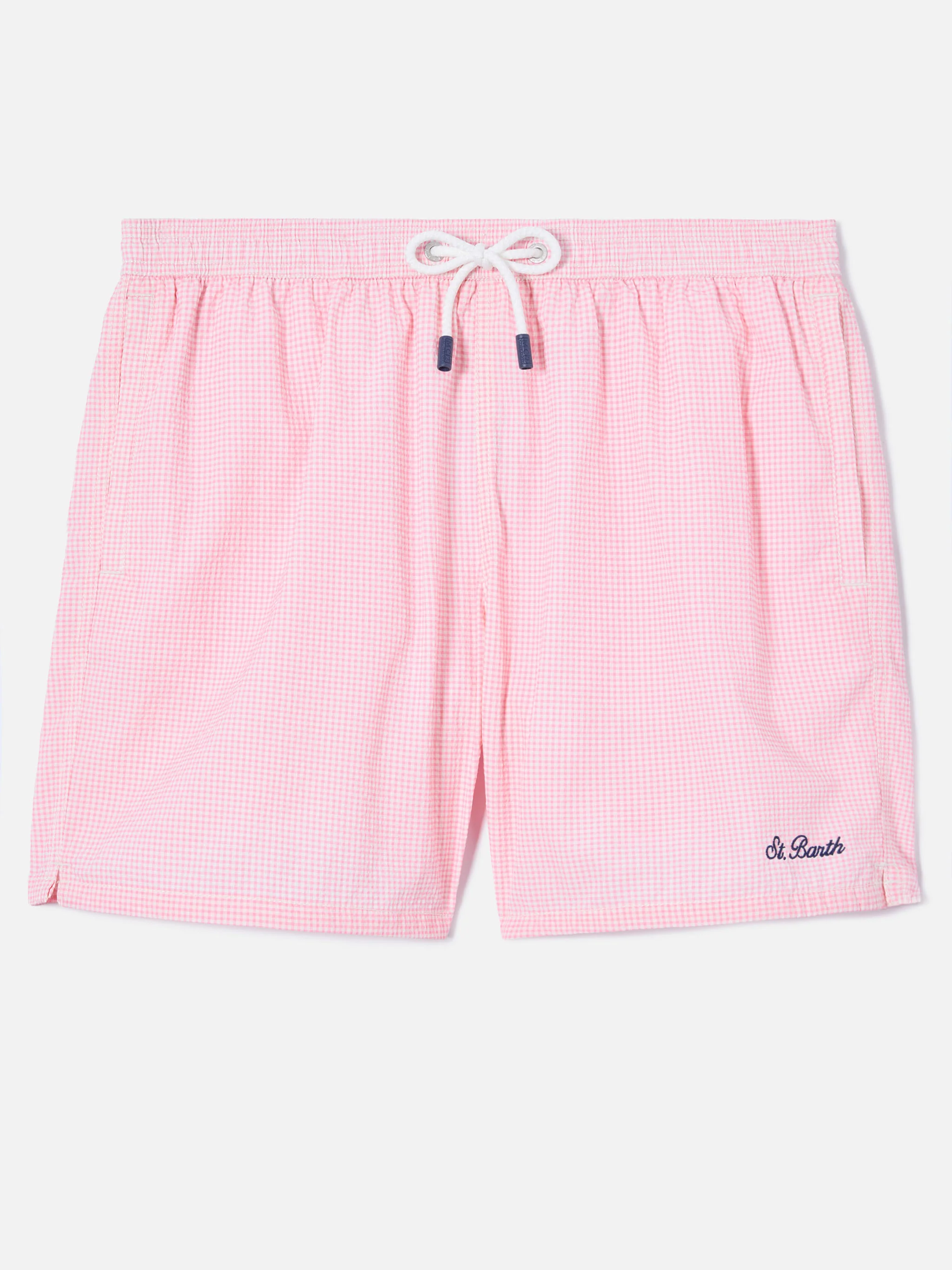 Patmos seersucker gingham swim shorts in pink and white