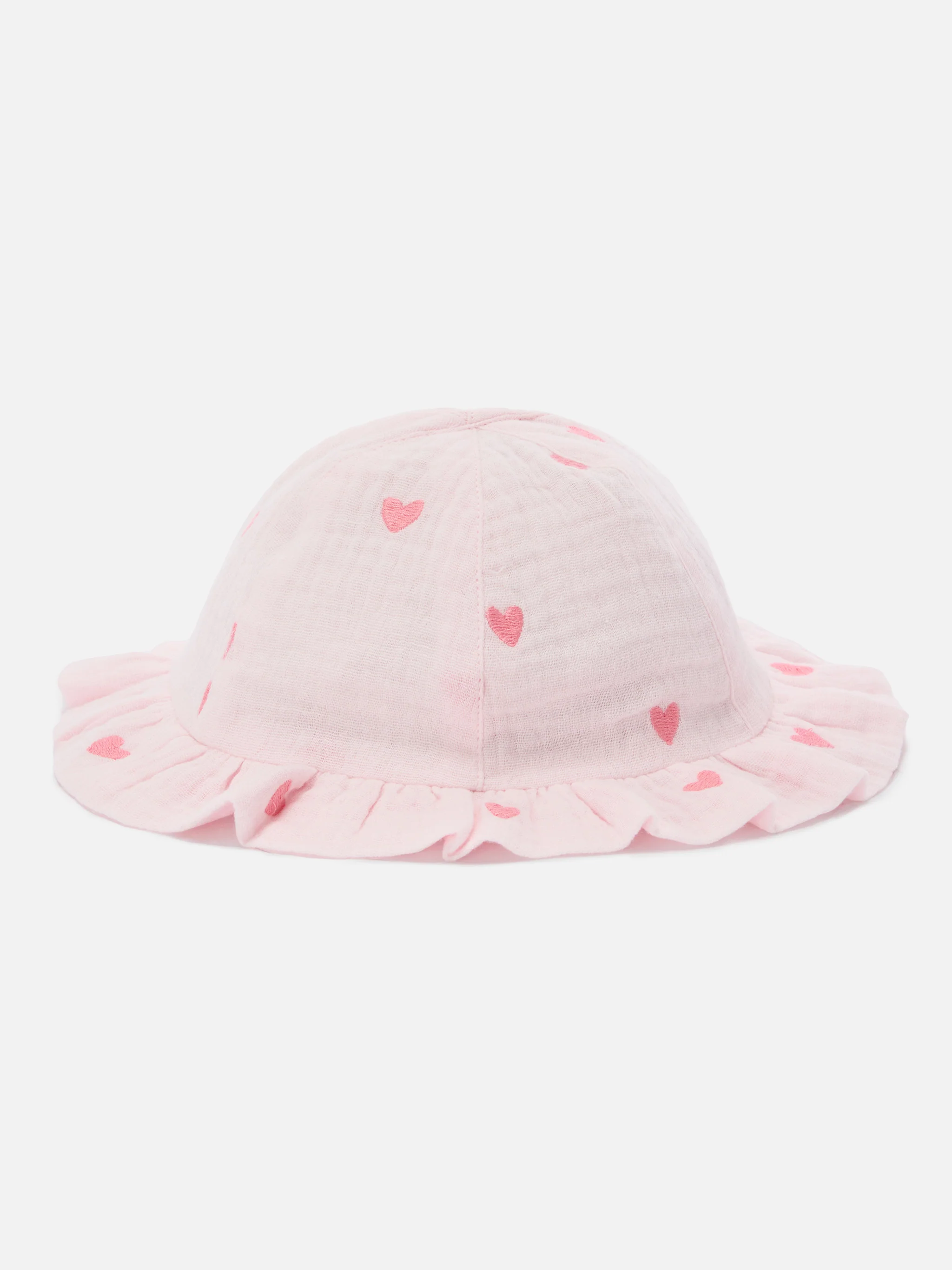 Pink Doremi sun hat with muslin heart embroidery