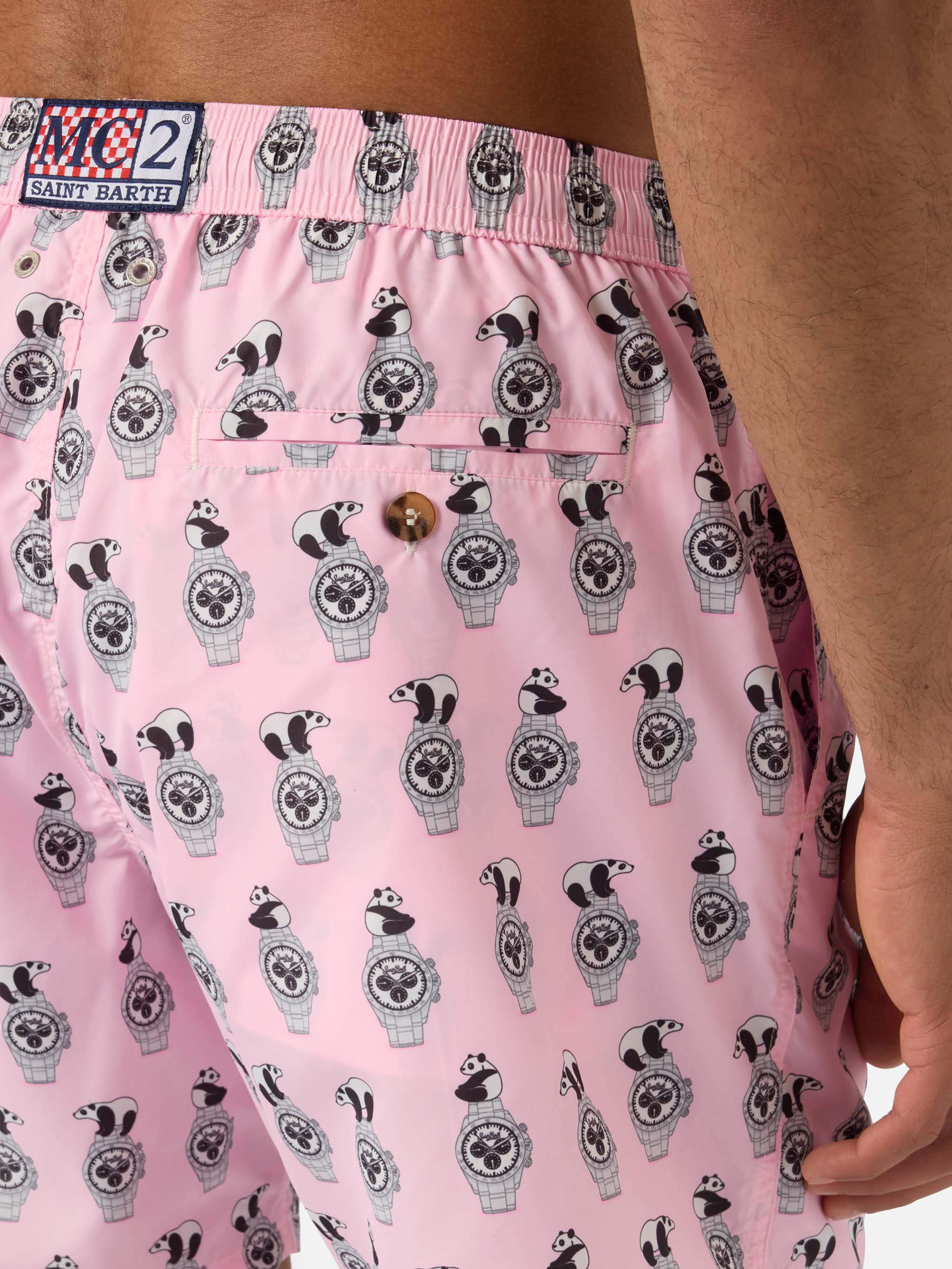 Pink Lighting Micro swim shorts with panda and watches all-over print - Image 6
