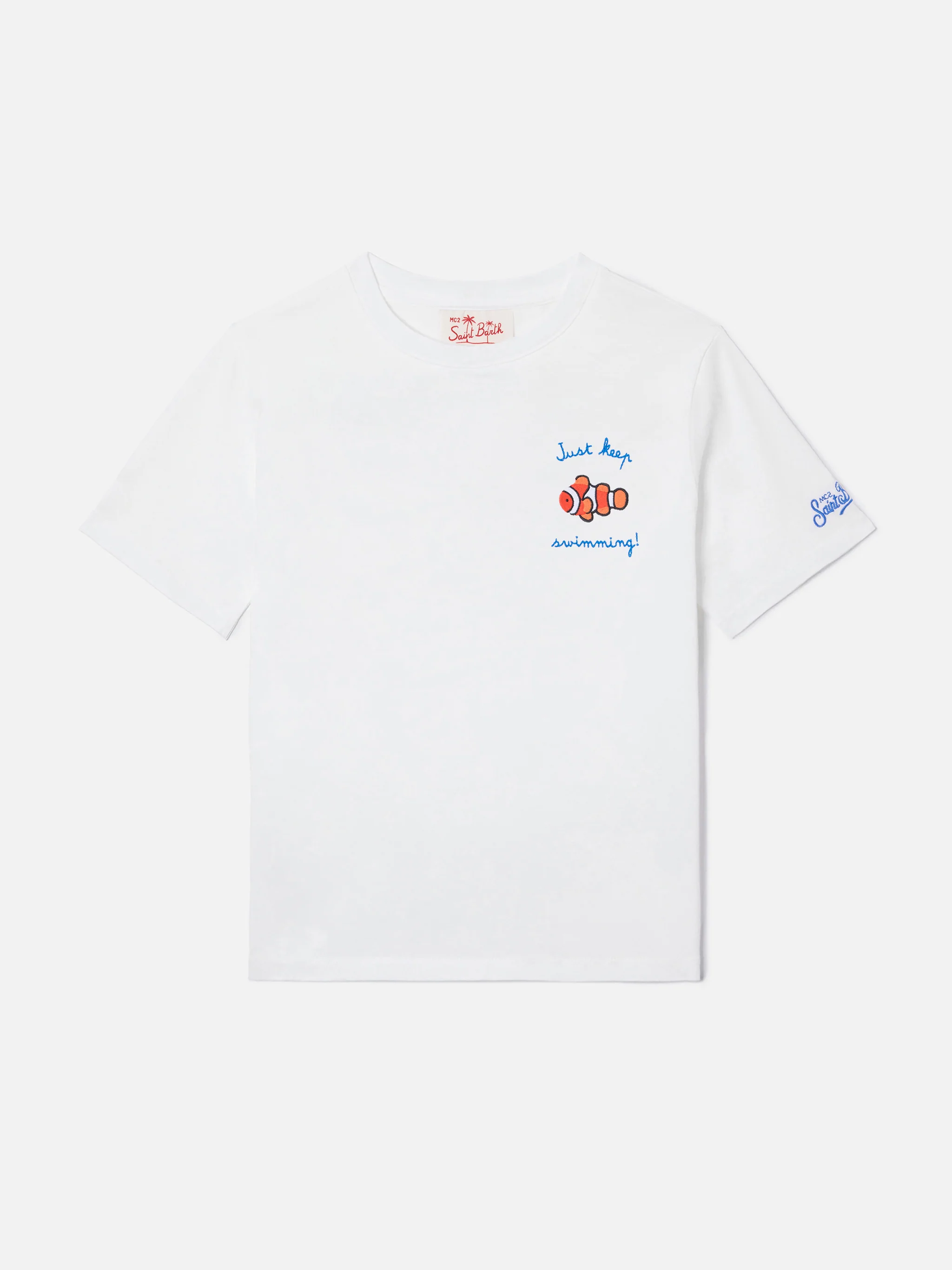 Portofino Jr t-shirt with Just Keep Swimming! embroidery