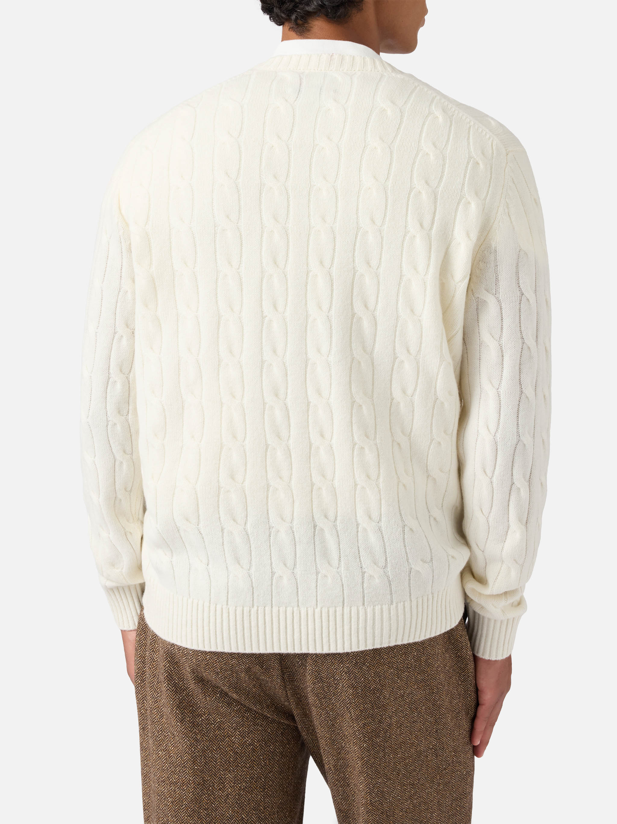 Crewneck cable-knit sweater Regent in 100% white WOOL - Image 3