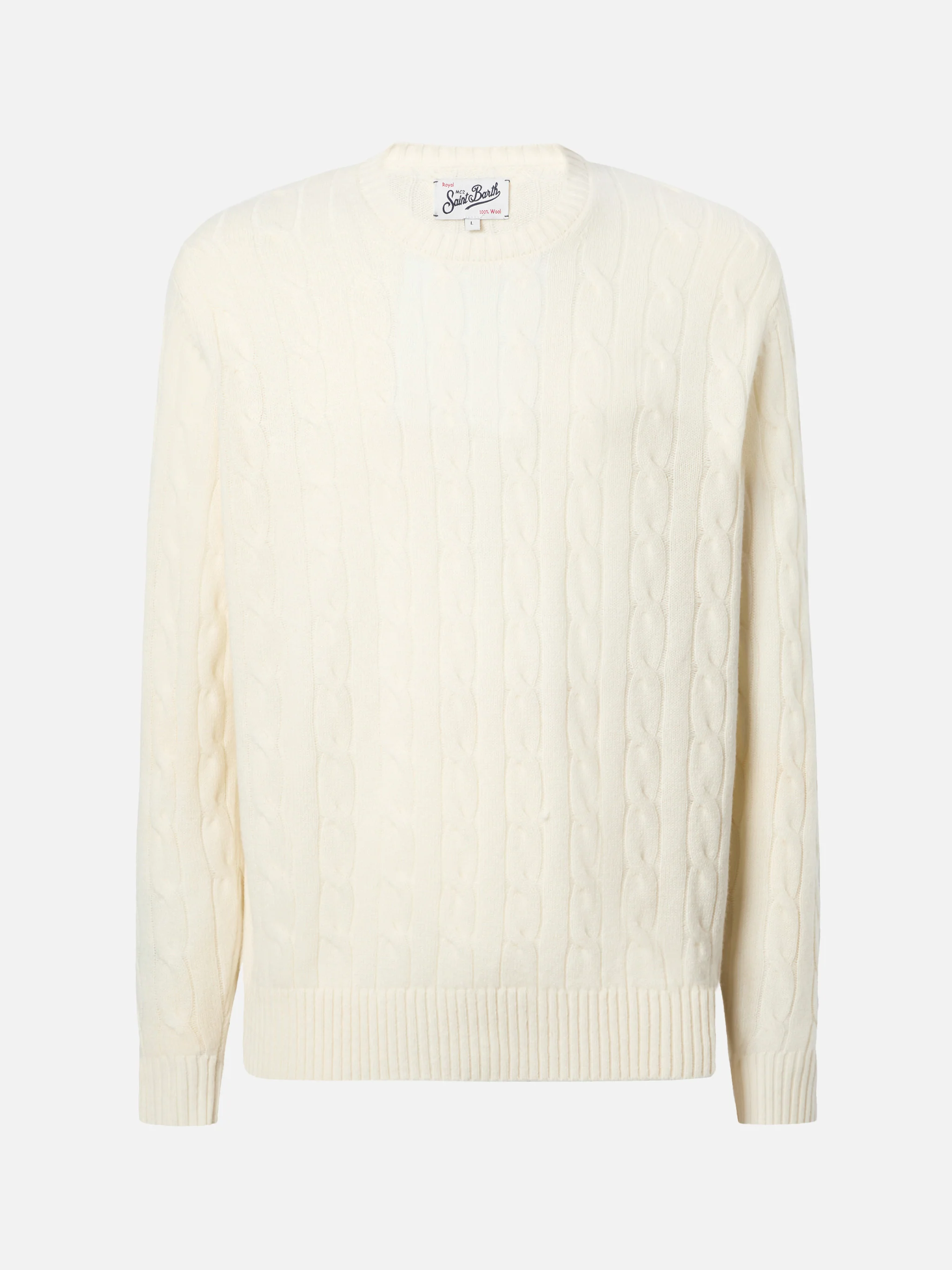 Crewneck cable-knit sweater Regent in 100% white WOOL - Image 5