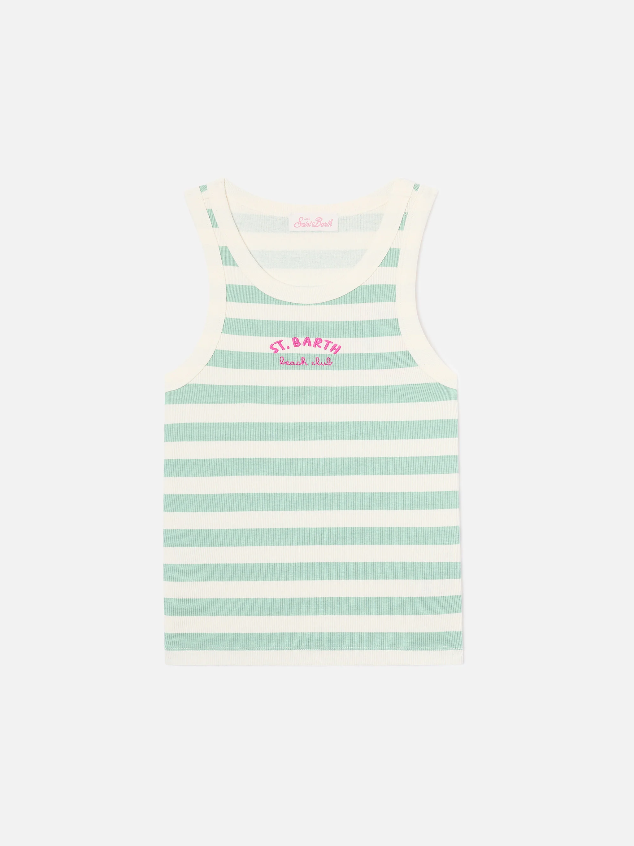 Sage green striped Ada tank top with beach club embroidery