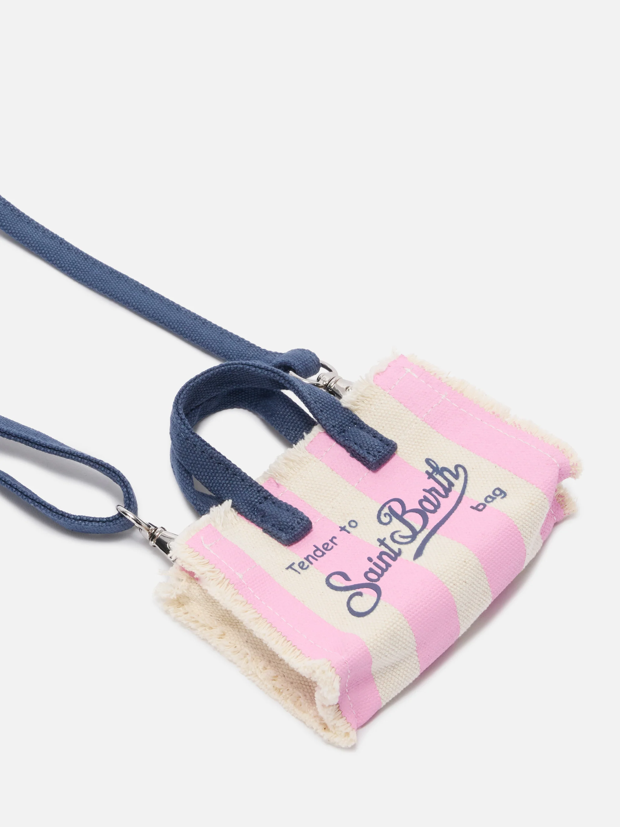 Striped fabric mini bag–shaped keychain with embroidered logo - Image 4