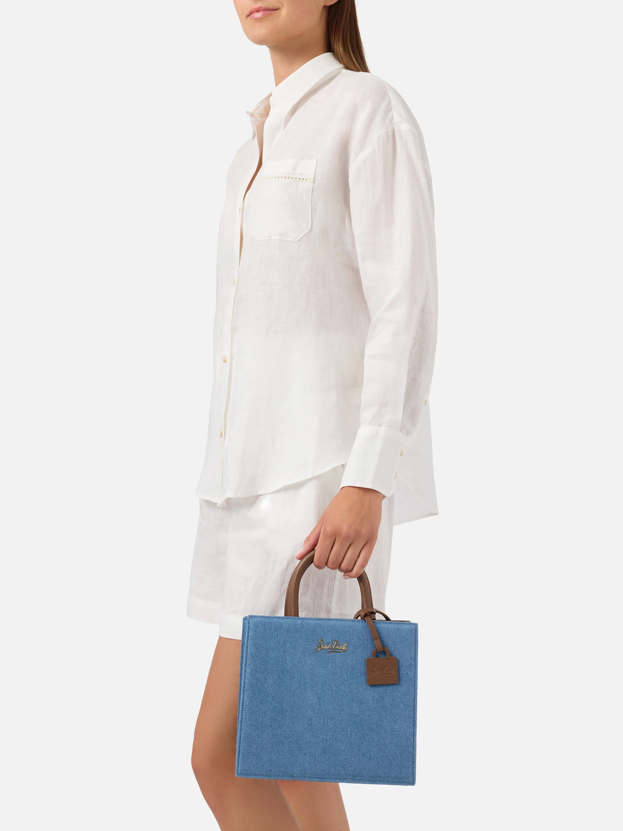 Structured Shop Midi bag in denim with leather details - Image 2
