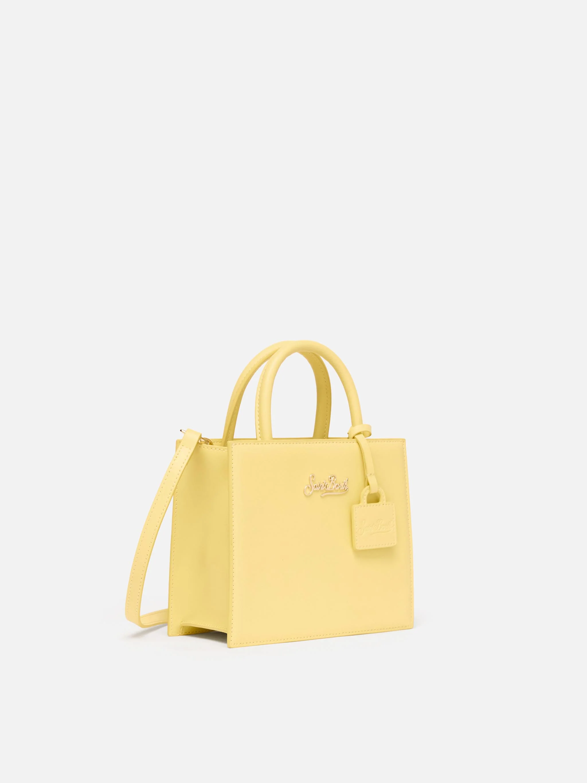 Structured Shop mini bag in butter yellow smooth leather with metal tag - Image 3