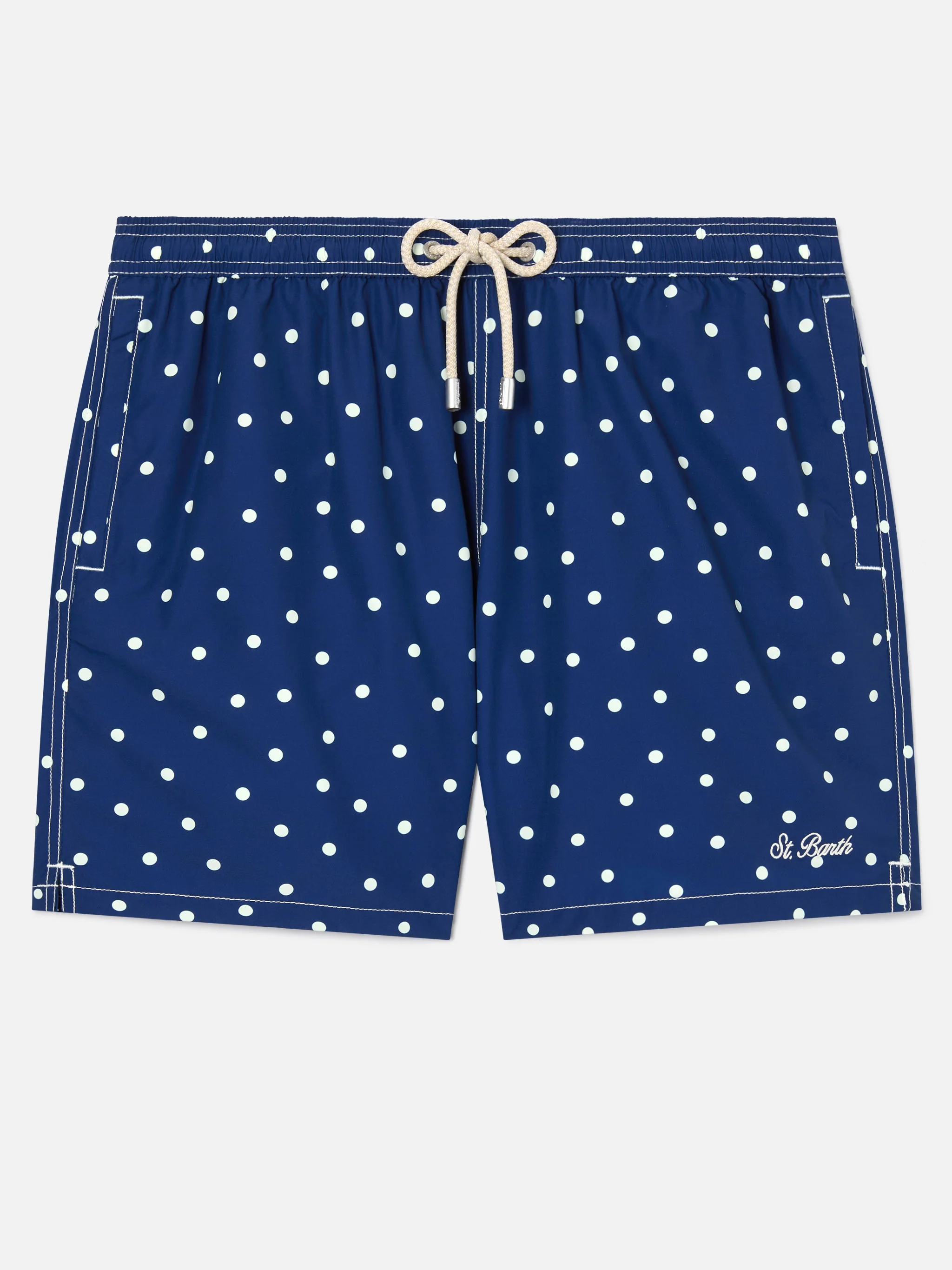Syros swim shorts in blue with polka dot embroidery