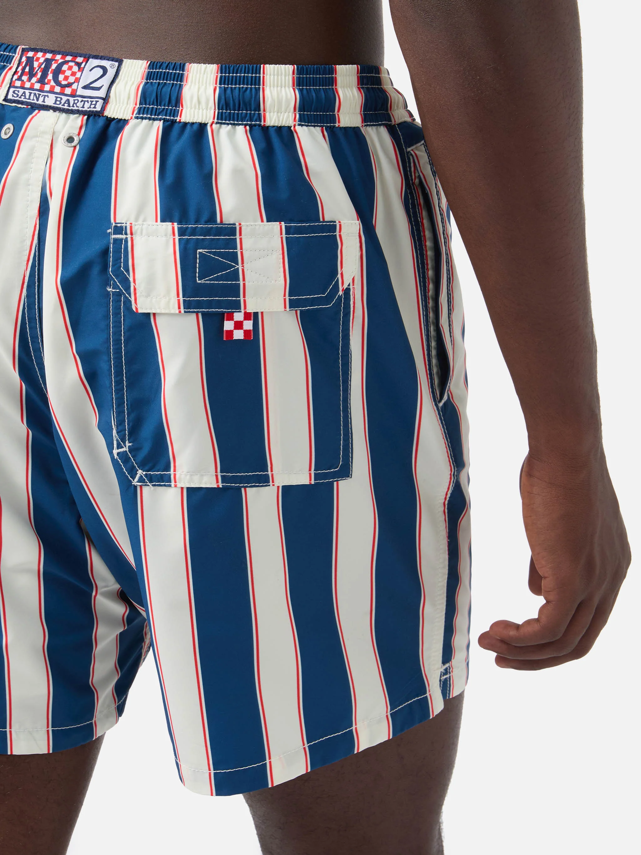 Syros swim shorts with blue striped pattern and logo embroidery - Image 6